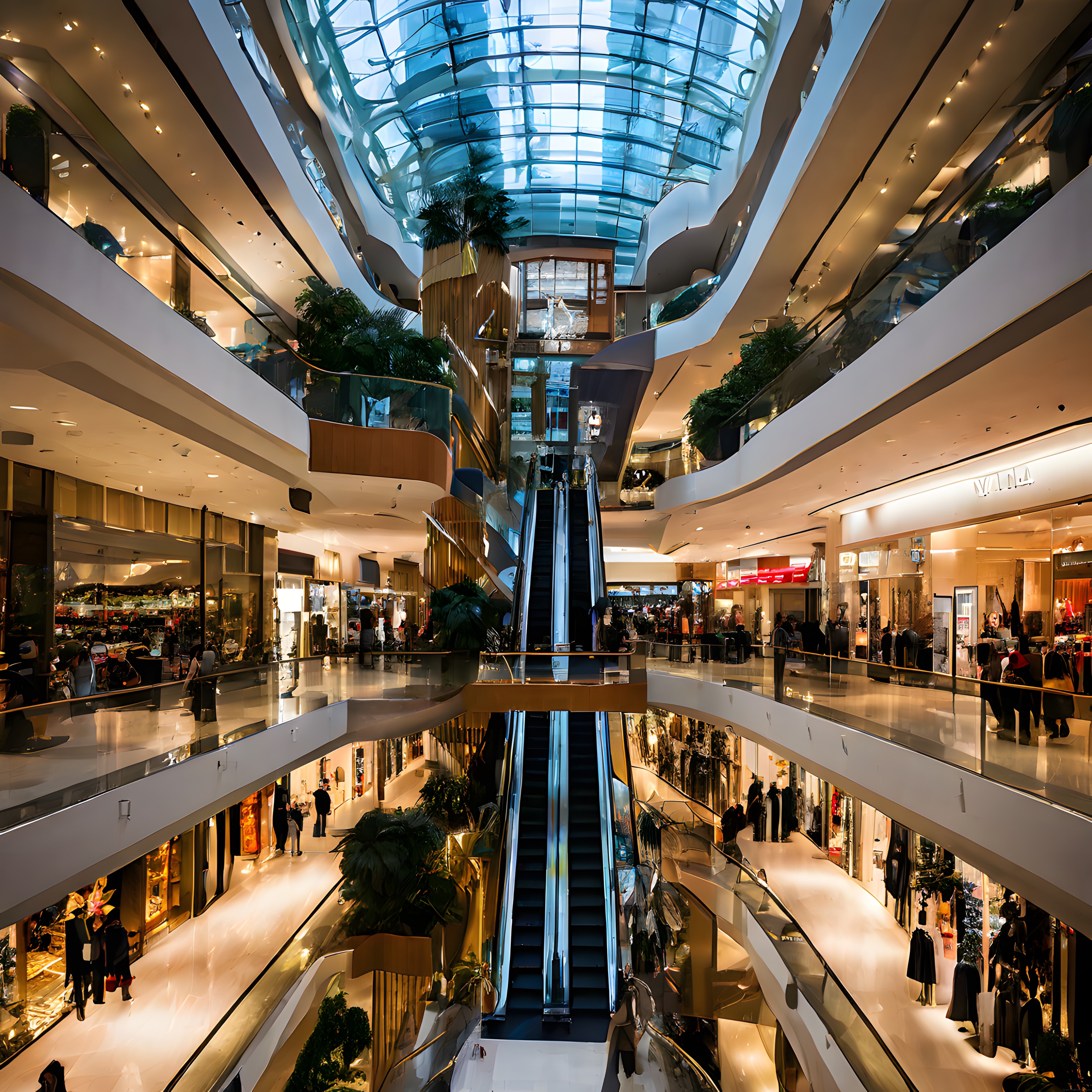 Işıldayan Modern Lüks Alışveriş Merkezi İç Mekanı ve Cam Tavan Detayları