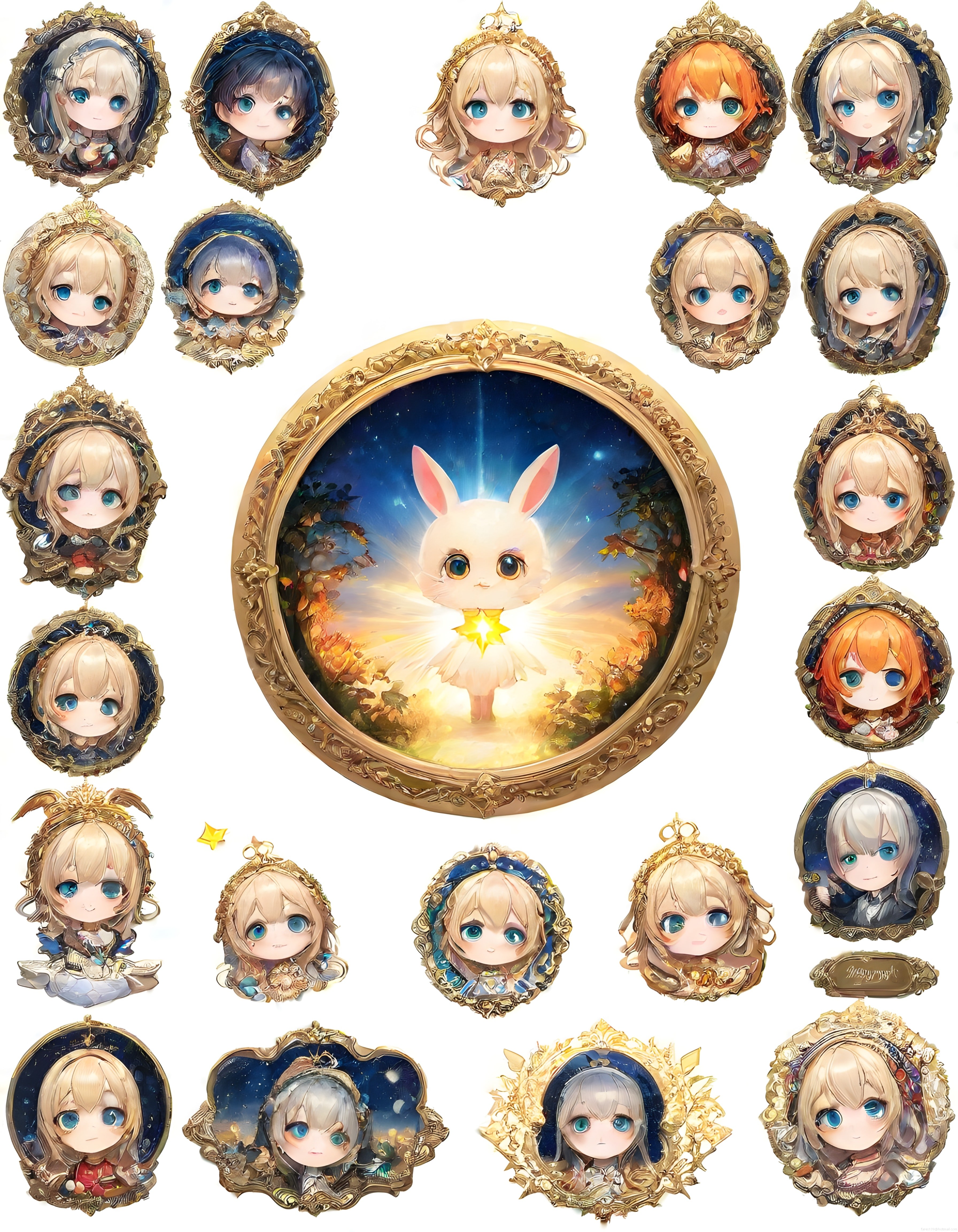 Işıldayan Tavşan ve Altın Çerçeveli Anime Chibi Karakterler Dijital Koleksiyon