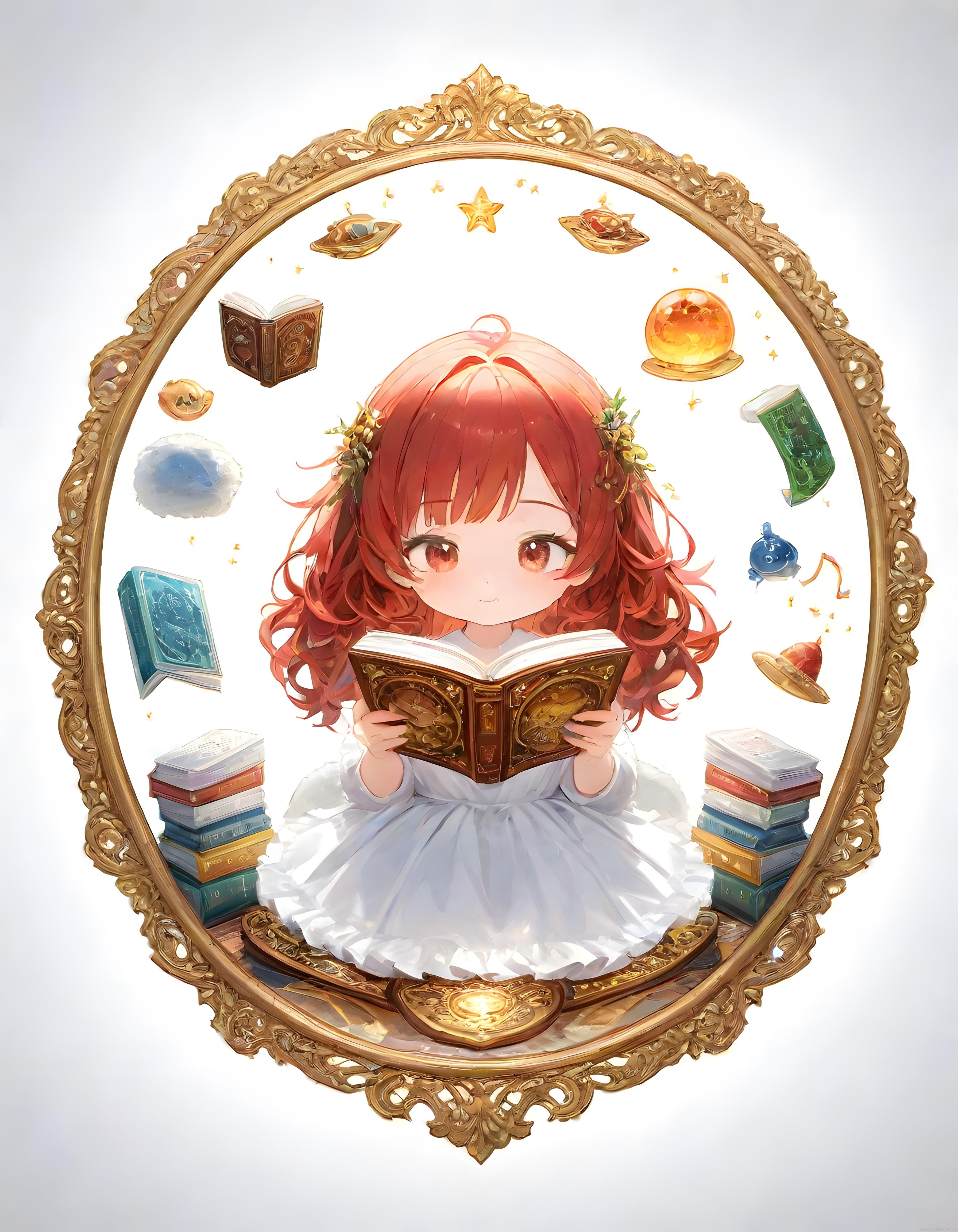 Işıltılı Altın Çerçevede Sihirli Kitap Okuyan Kırmızı Saçlı Chibi Anime Kız