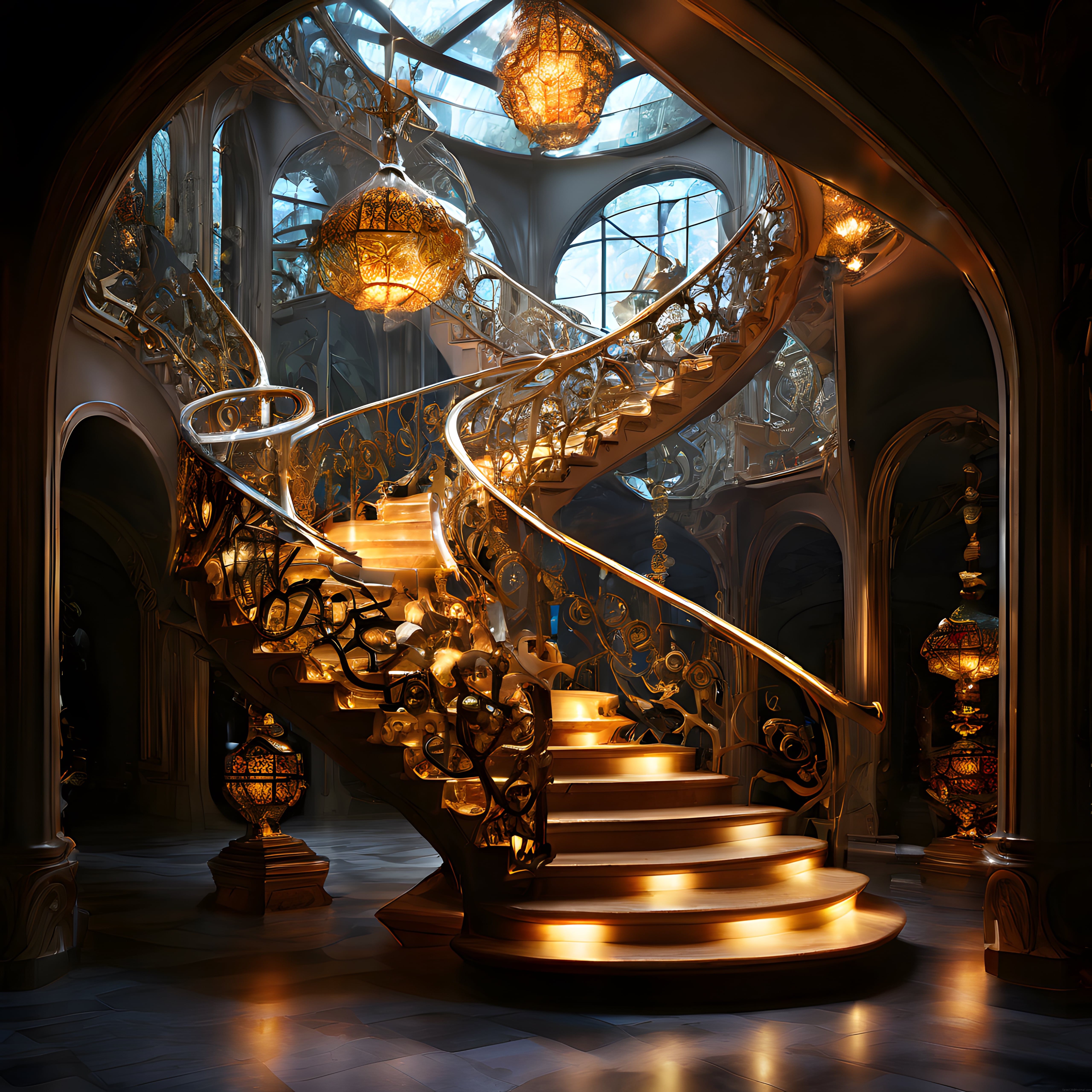 Işıltılı Art Nouveau Merdiveni ve Avizeleriyle Büyüleyici Fantastik Salon