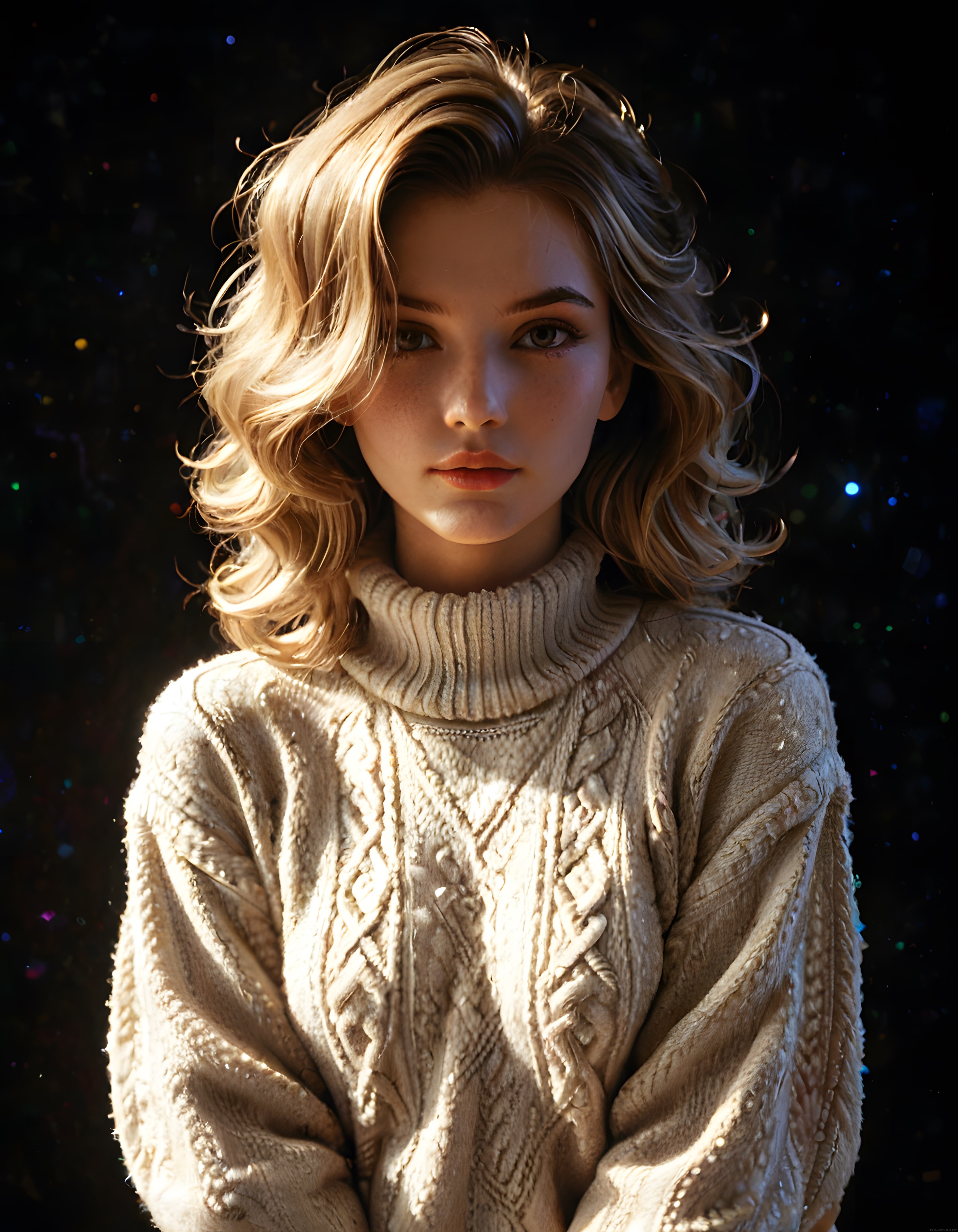 Işıltılı Bokeh Işıkları Eşliğinde Örgü Kazaklı Genç Kadın Portresi