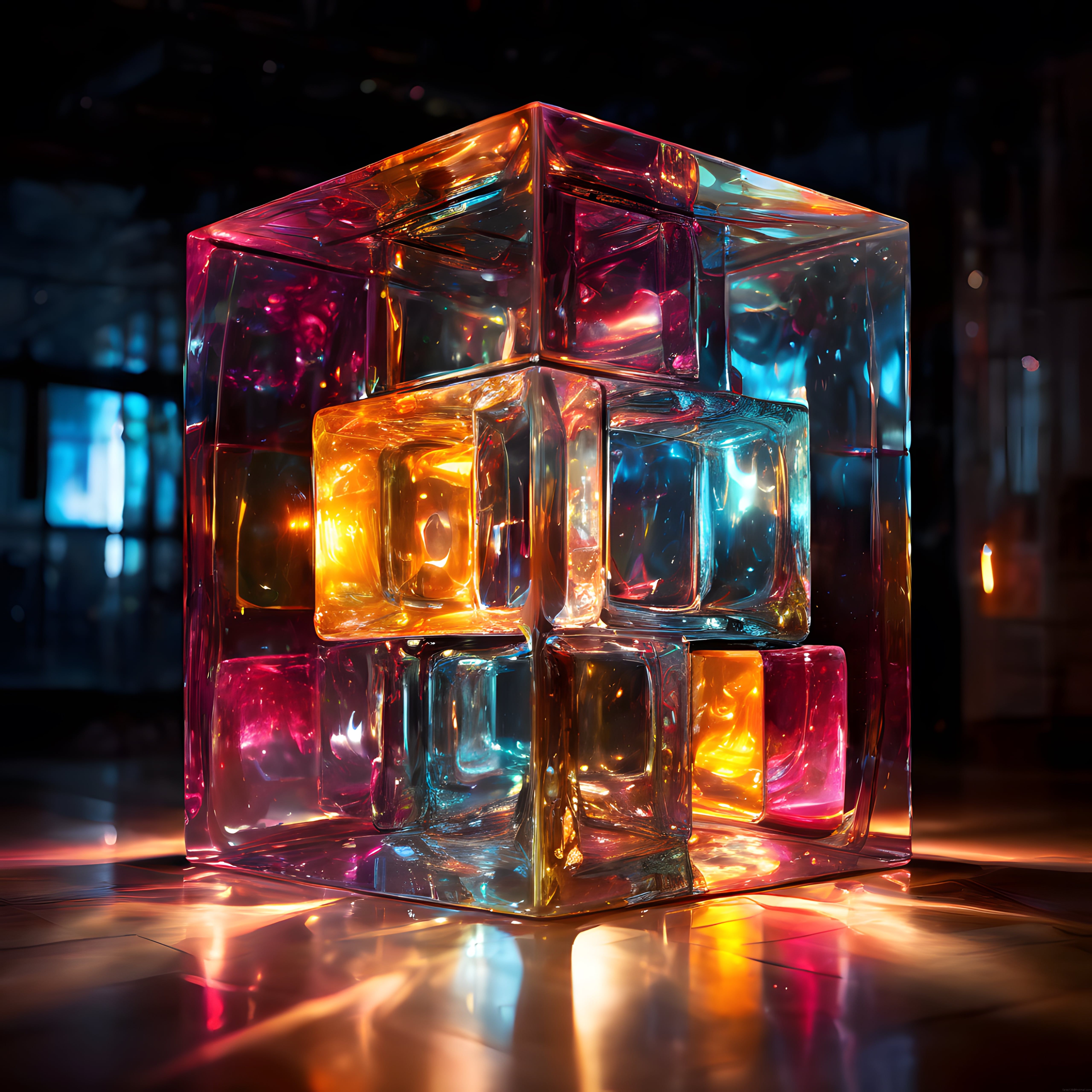Işıltılı Cam Bloklardan Oluşan Büyüleyici ve Renkli Rubik Küpü Sanat Eseri