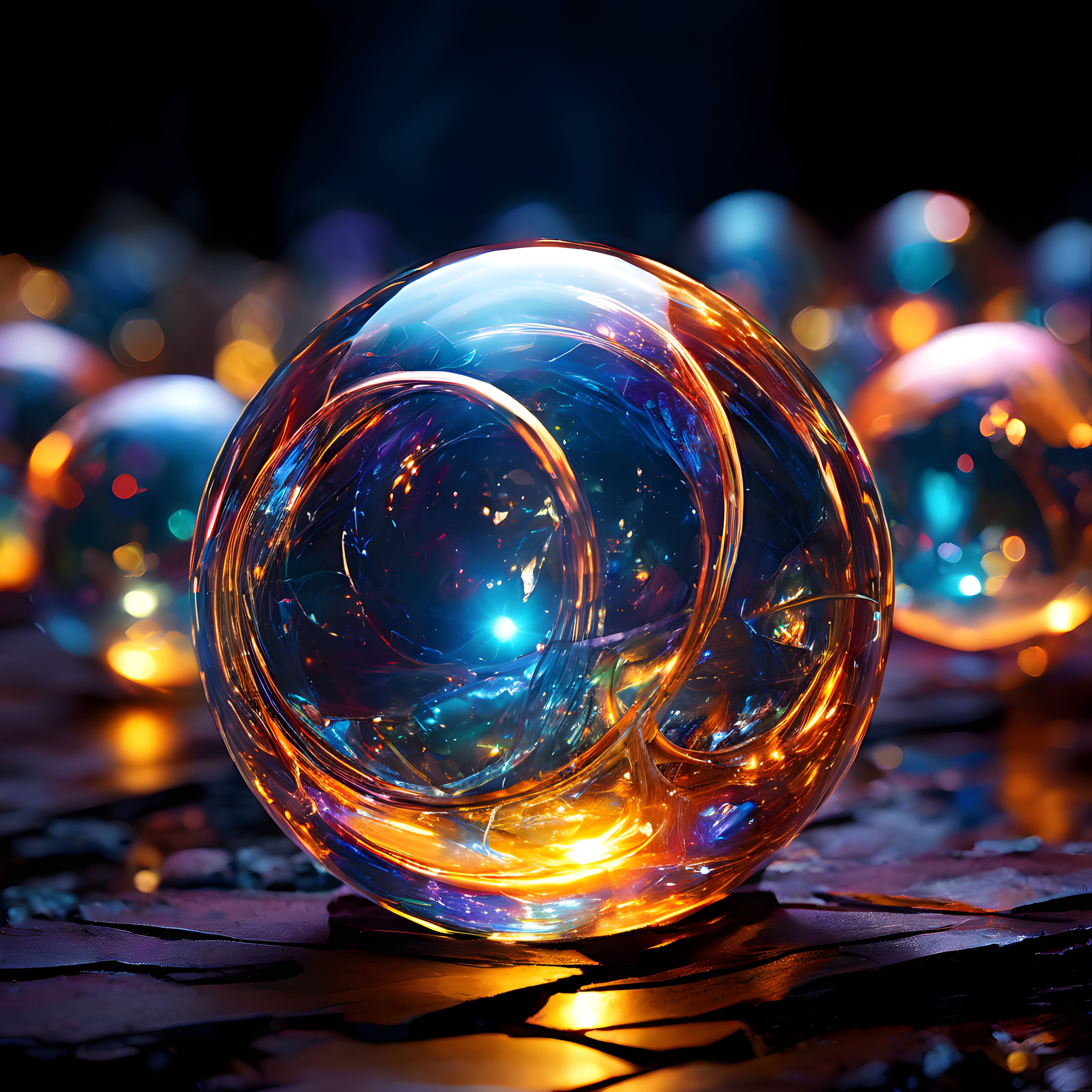 Işıltılı Cam Küre İçinde Dans Eden Neon Renkler ve Enerji Akışı