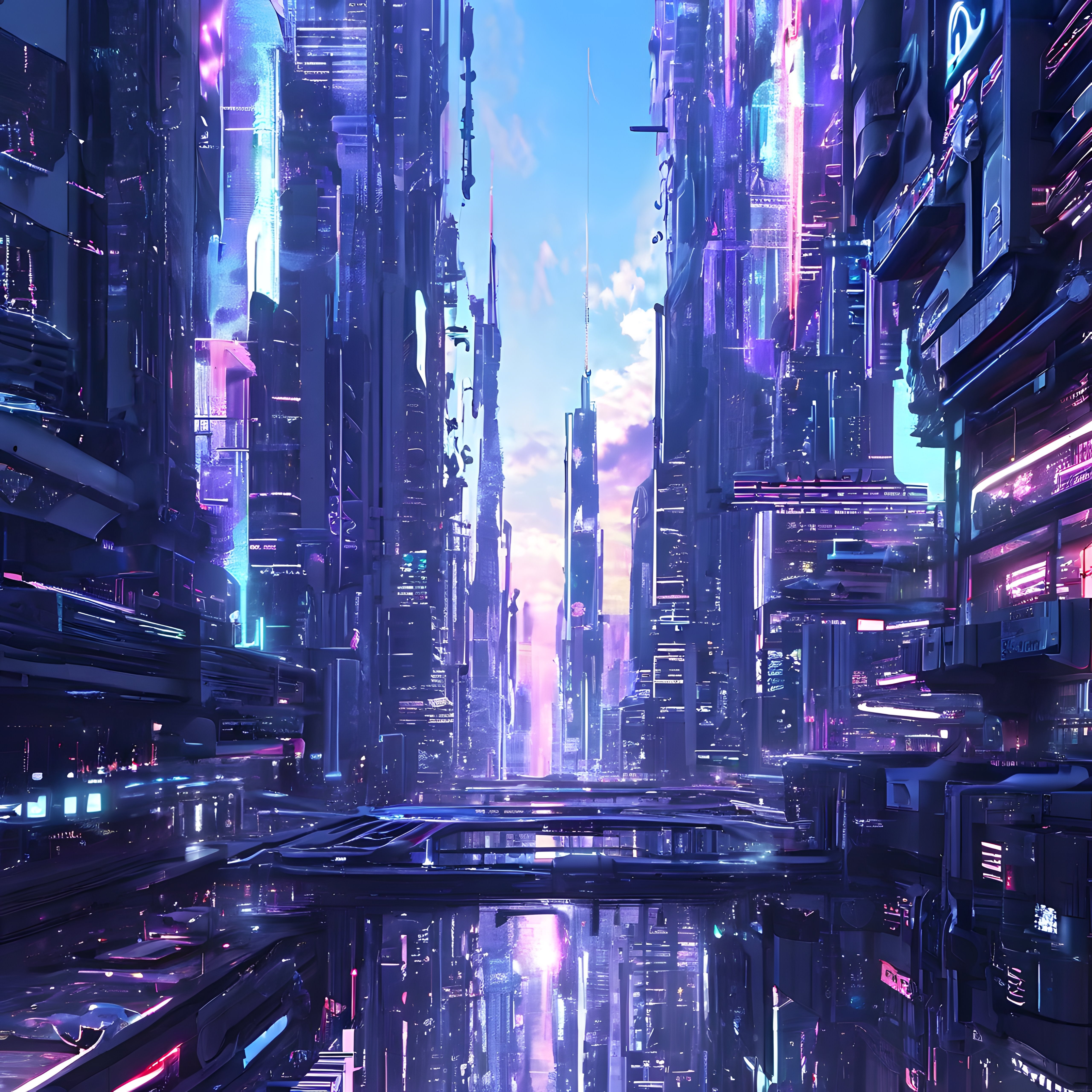 Işıltılı Cyberpunk Şehir: Gökdelenler, Neonlar ve Islık Yansımaları