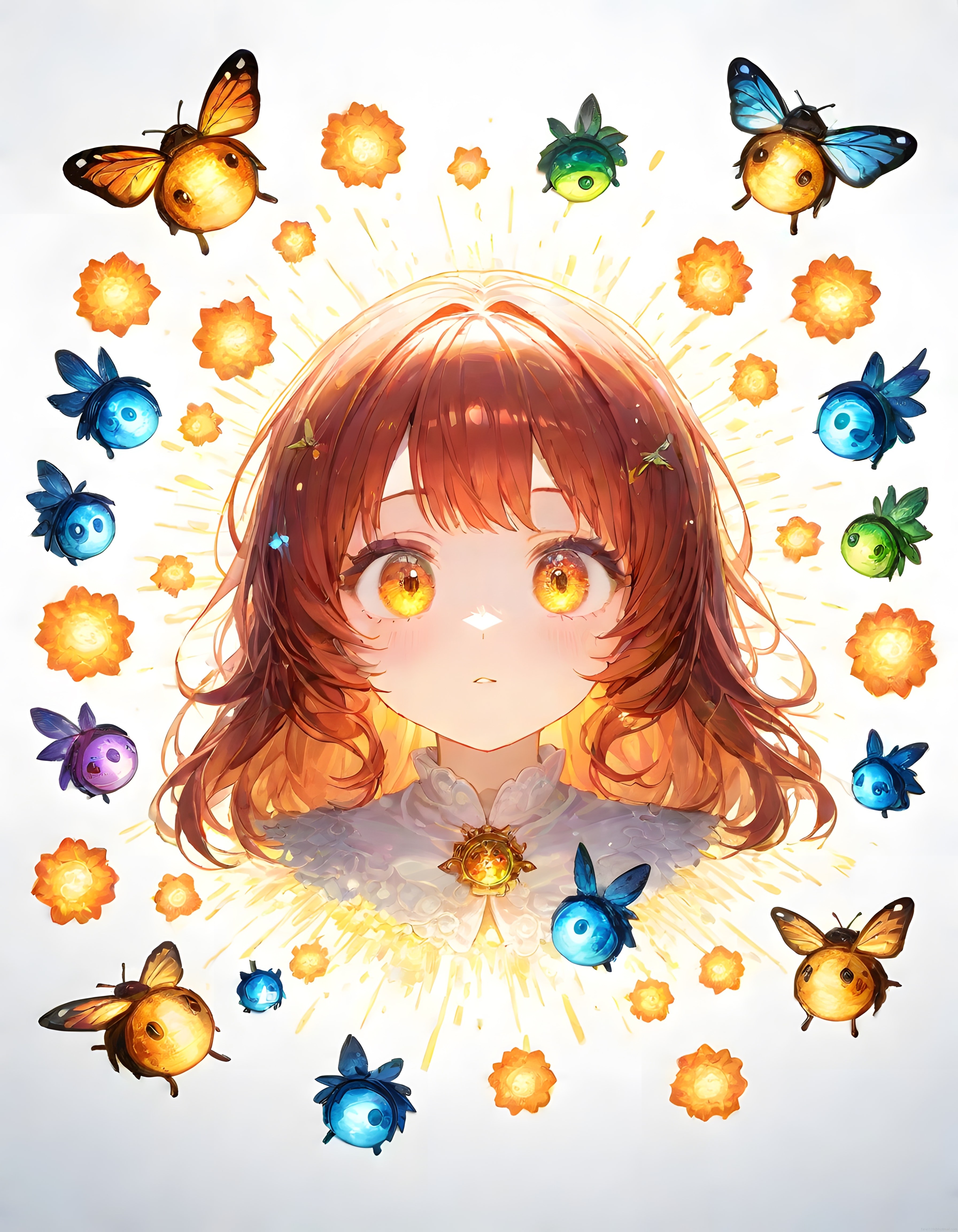 Işıltılı Fantastik Böceklerle Çevrili Anime Karakter Dijital İllüstrasyon