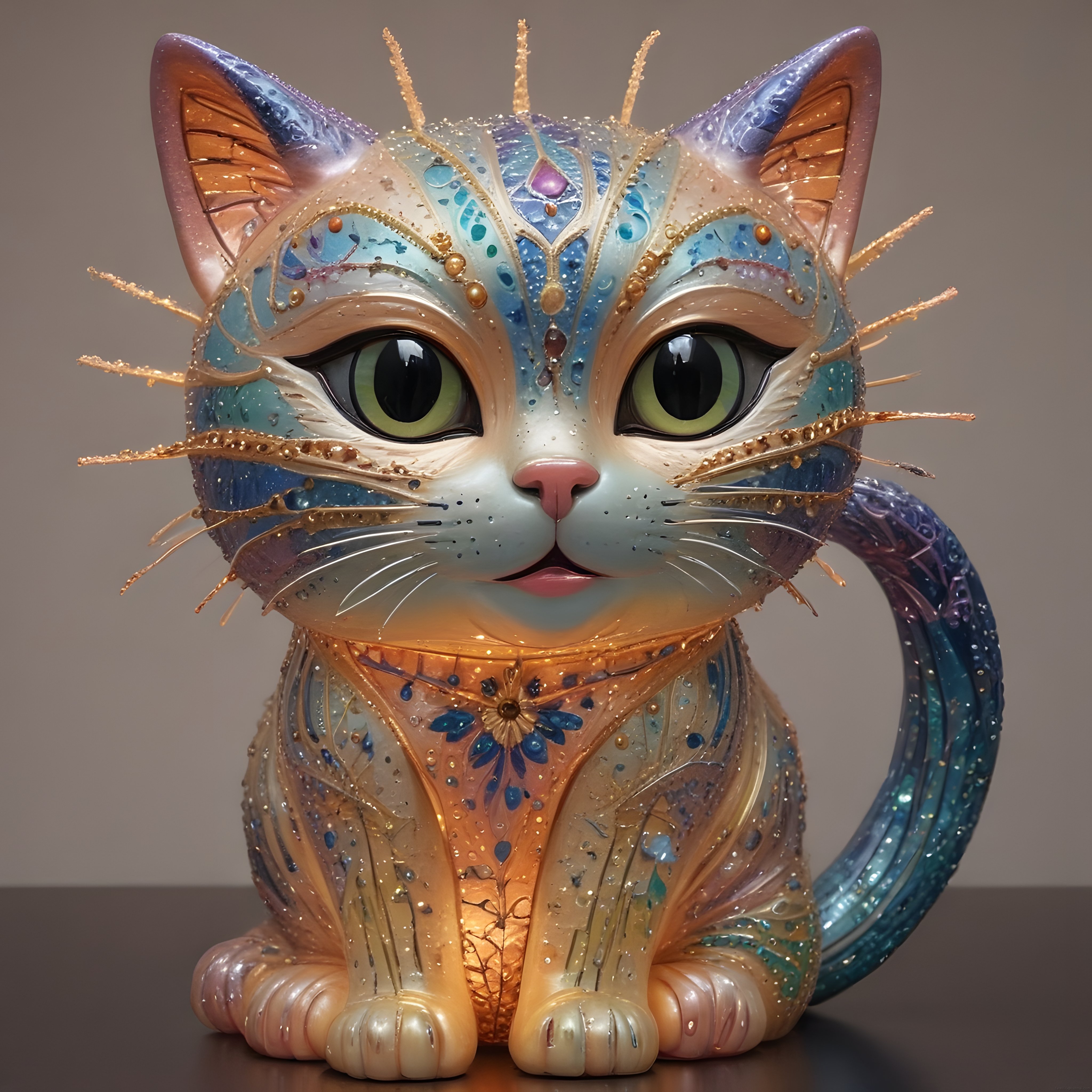 Işıltılı Fantastik Kedi Heykeli: Renkli Dijital Sanat ve Süslemeler