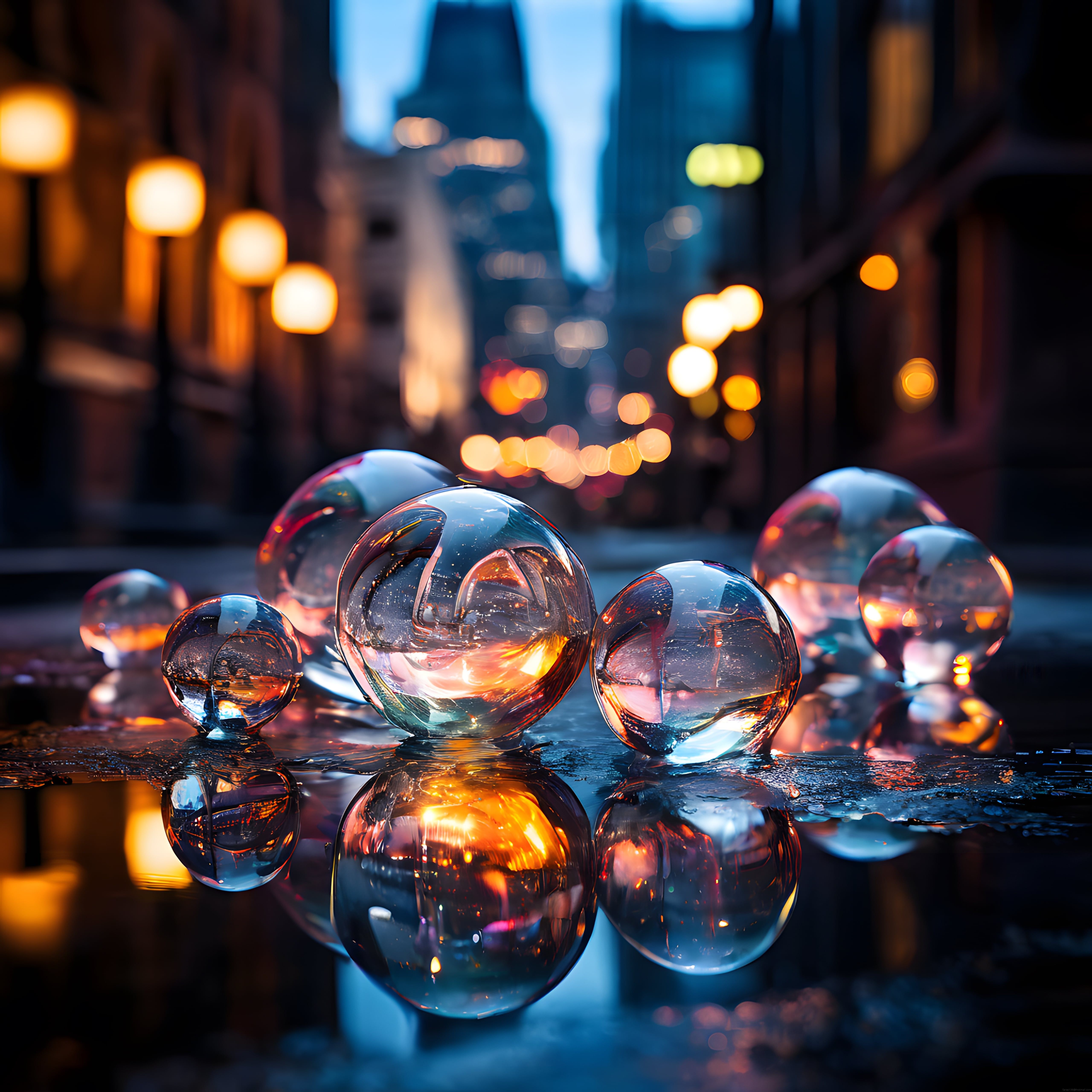 Işıltılı Gece Sokağında Cam Kürelerin Büyülü Yansımaları ve Bokeh Işıklar