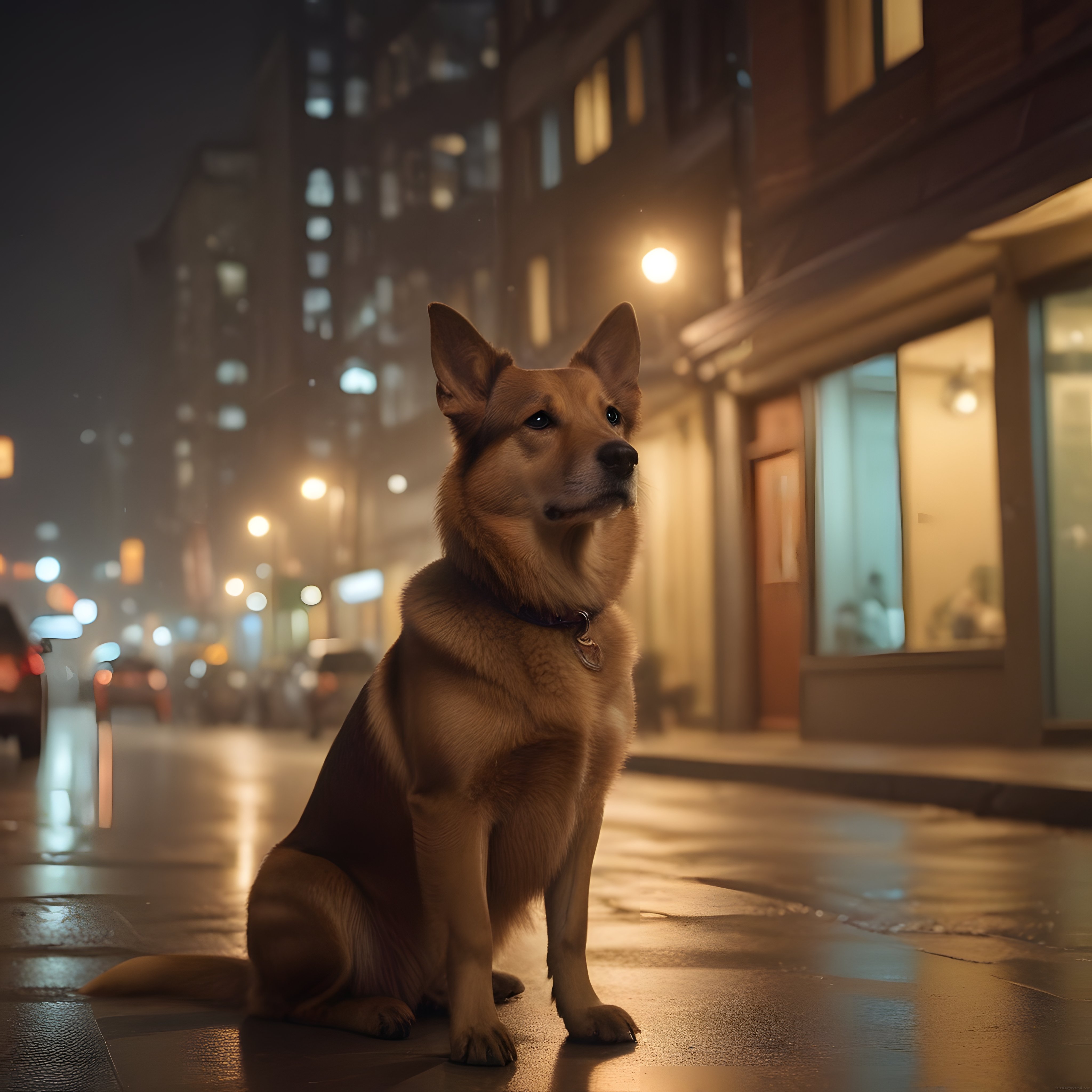 Işıltılı Islak Şehir Sokağında Gece Yarısı Oturan Yalnız Köpek