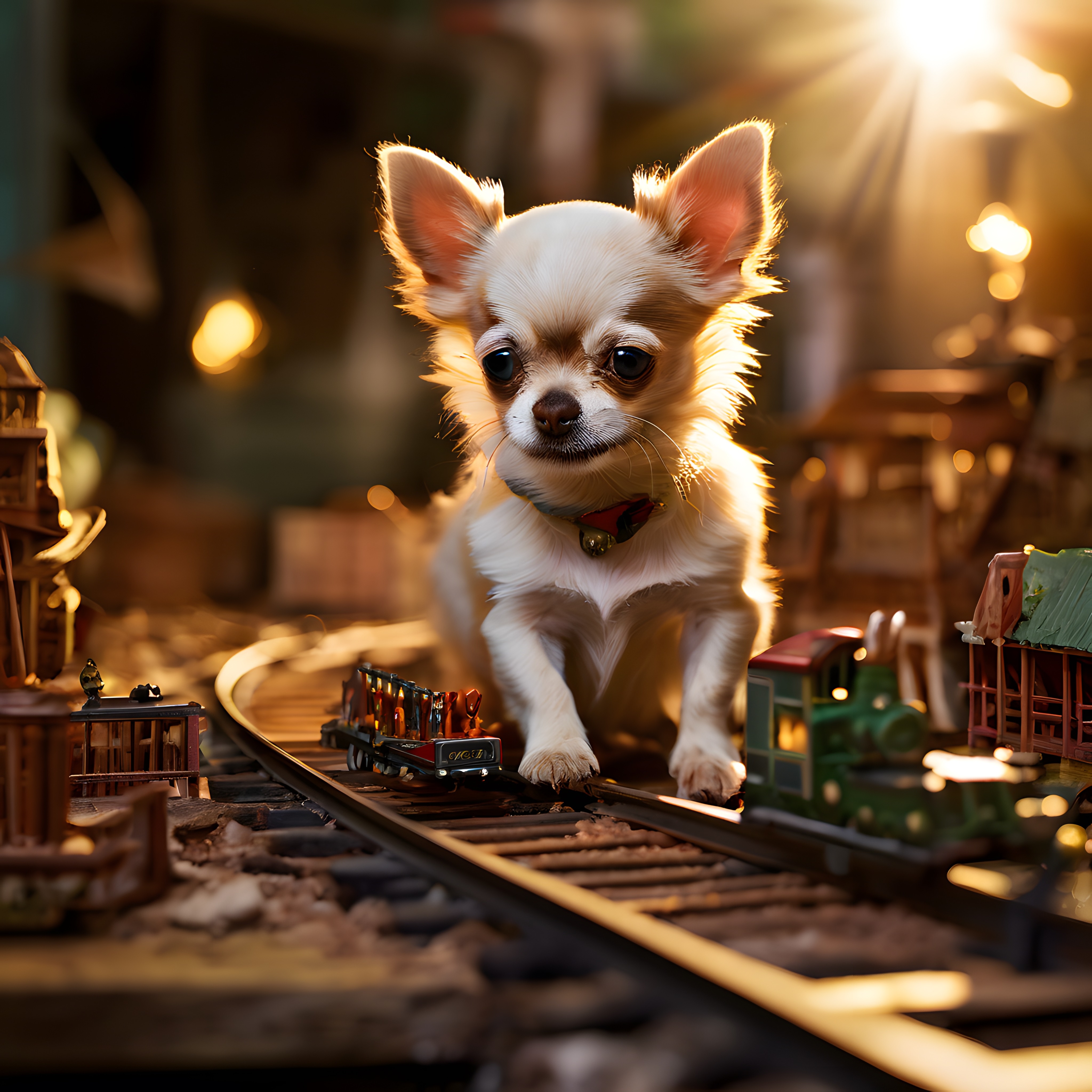 Işıltılı Minyatür Tren Seti Üzerinde Yürüyen Sevimli Beyaz Chihuahua