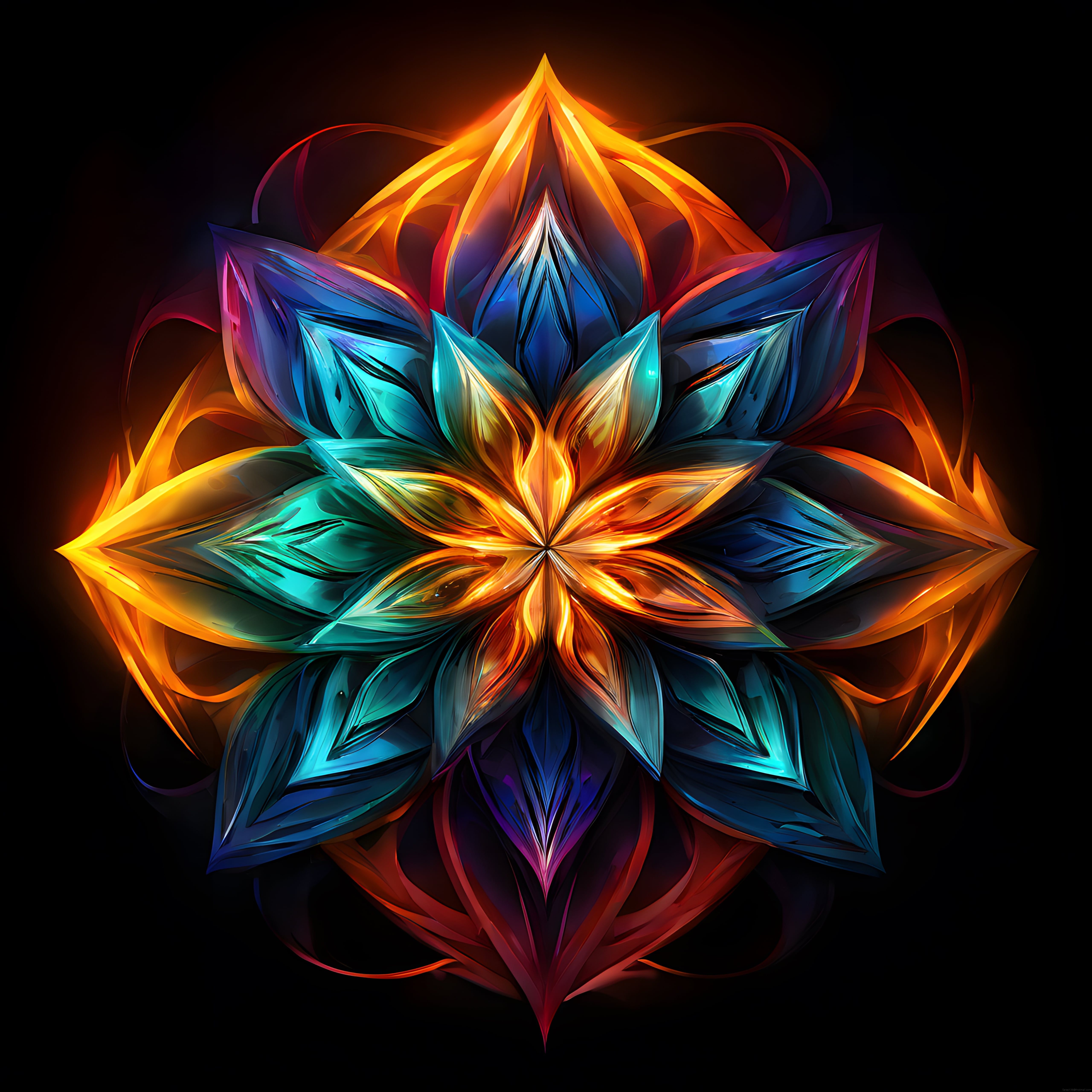 Işıltılı Simetrik Soyut Dijital Çiçek ve Parıldayan Mandala Sanat Eseri