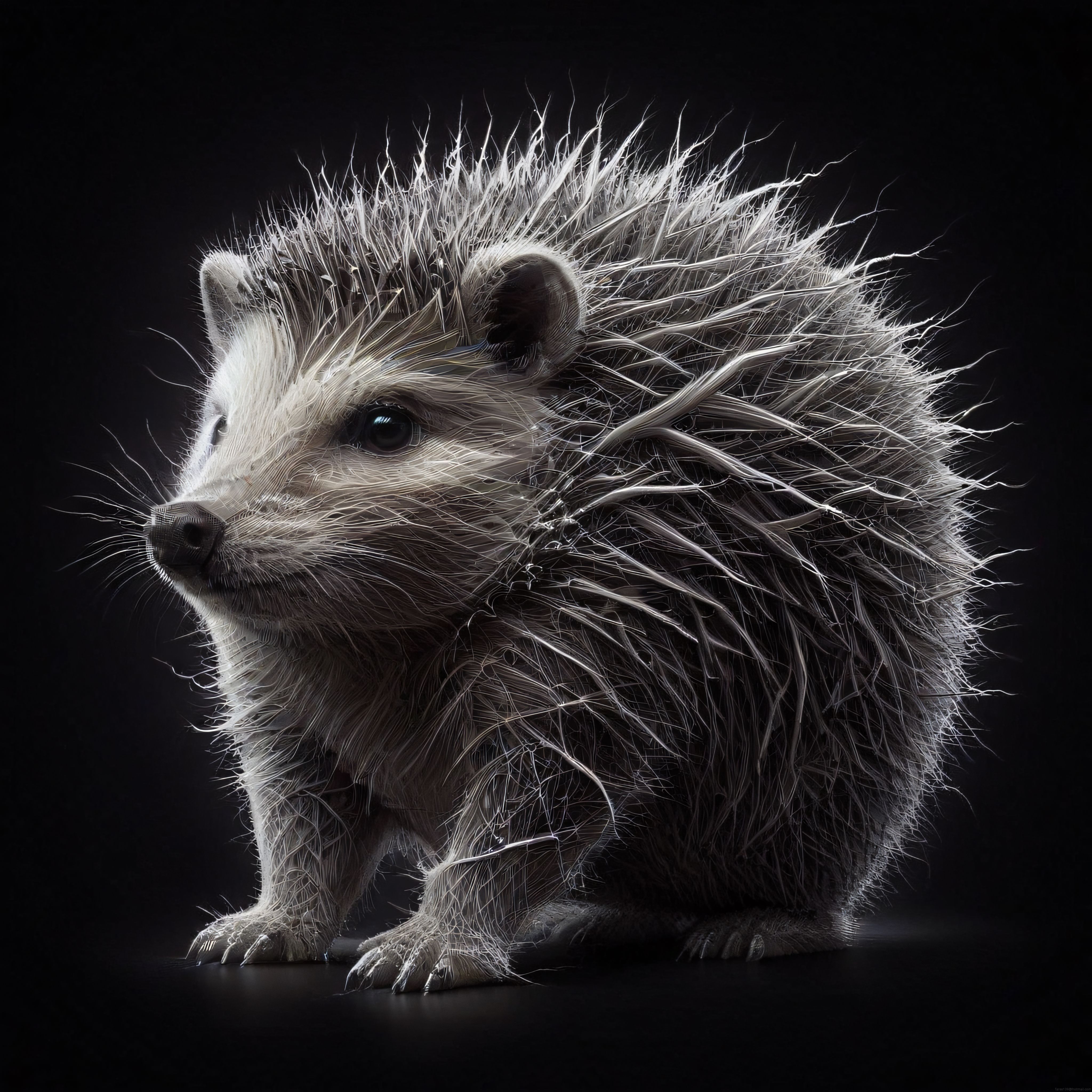 Işıltılı Tel ve Fiberden Oluşan Dijital Kirpi Heykeli ve 3D Render