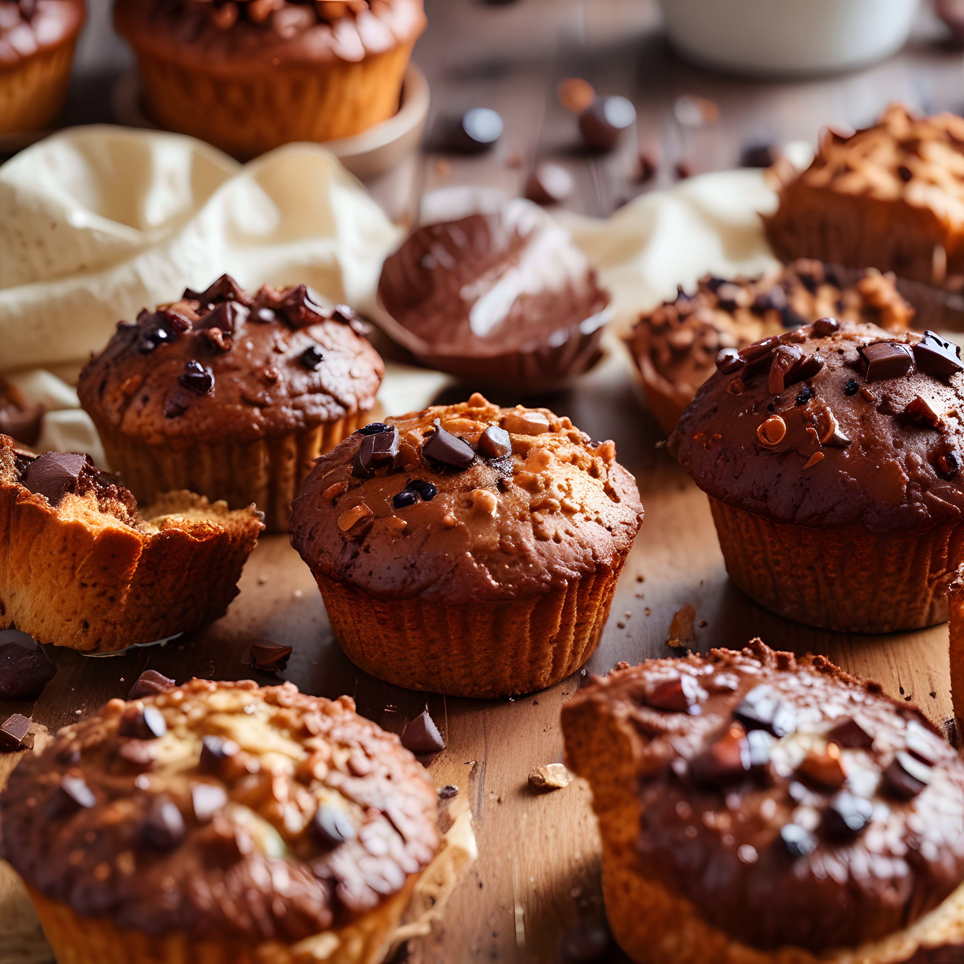 Isırılmış dilimleriyle çikolatalı ve fındıklı muffinlerin davetkar sunumu