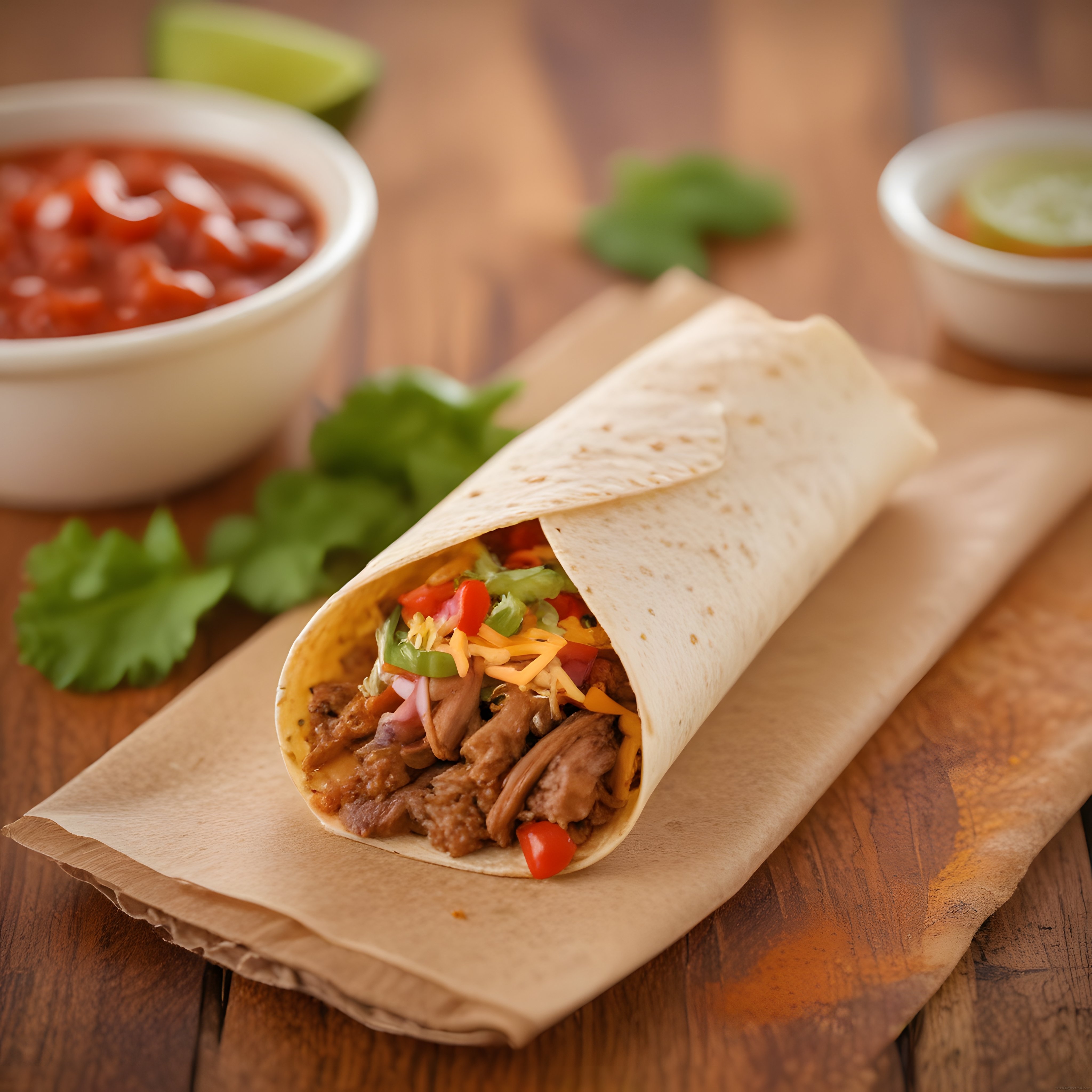 Islak Ahşap Masada Salsa ve Guacamole Eşliğinde Nefis Etli Fajita Sunumu