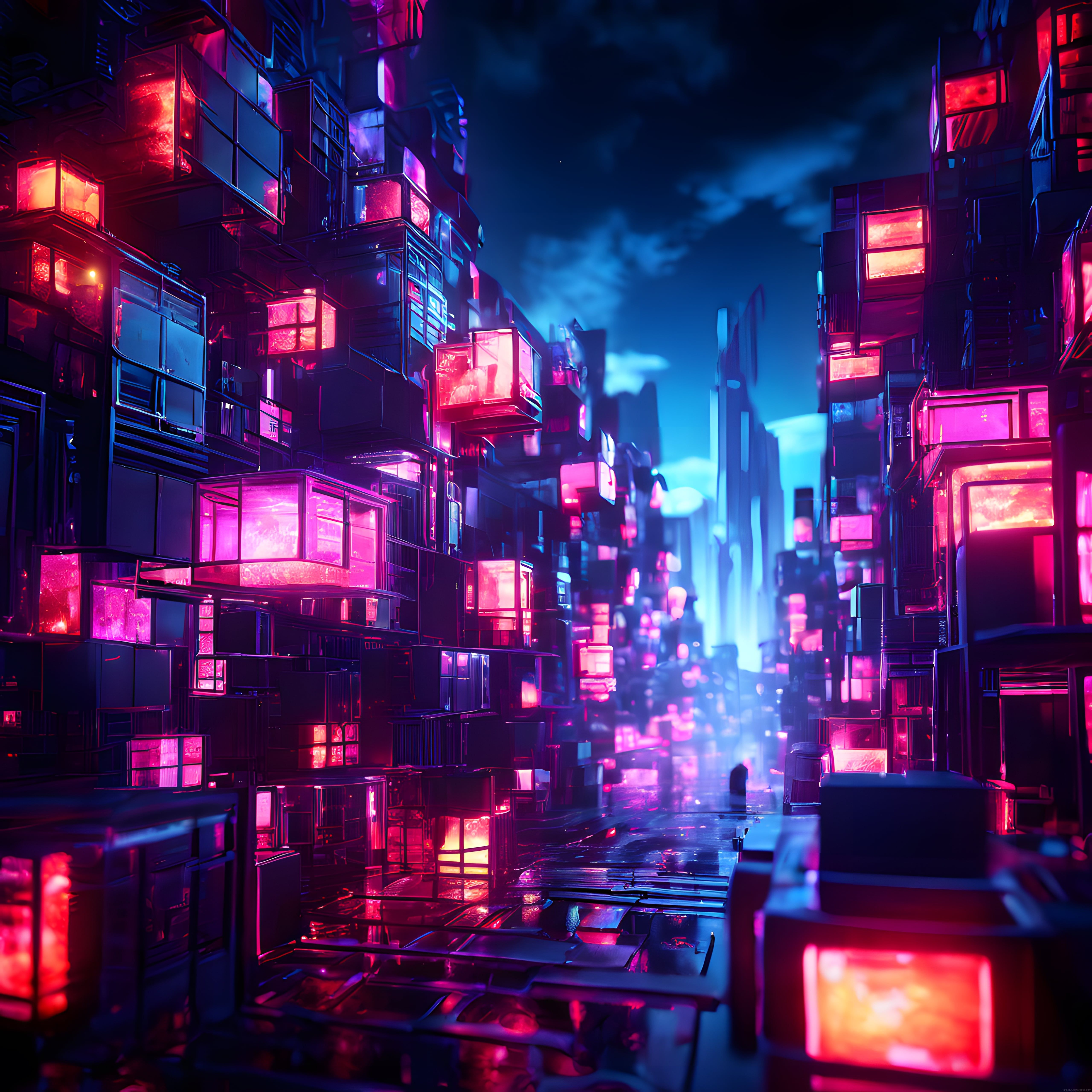 Islak Arnavut Kaldırımı ve Kırmızı Neonların Hüküm Sürdüğü Cyberpunk Dar Sokak