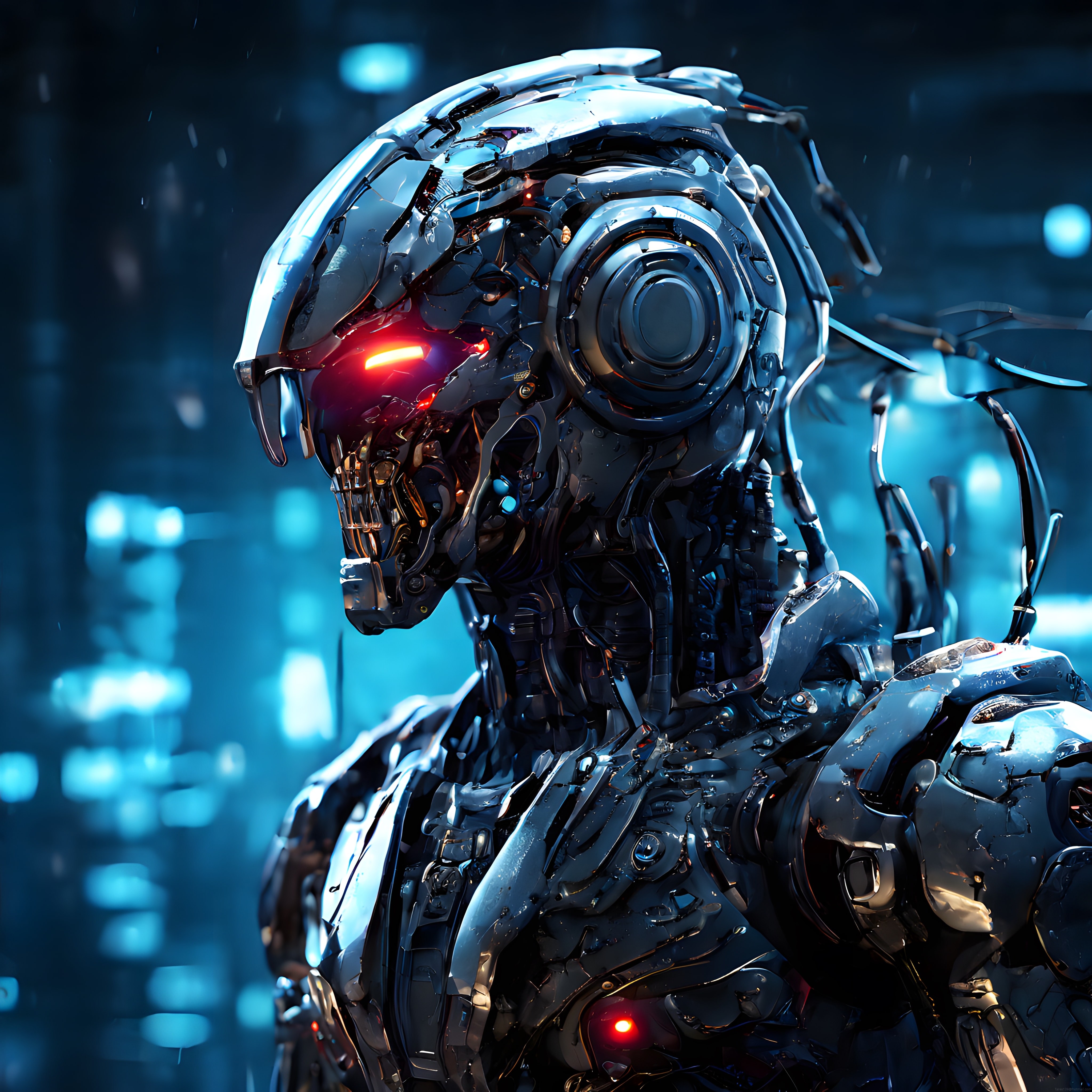 Islak Metal Yüzeyli ve Parlayan Kırmızı Gözleriyle Geleceğin Vahşi Robotu