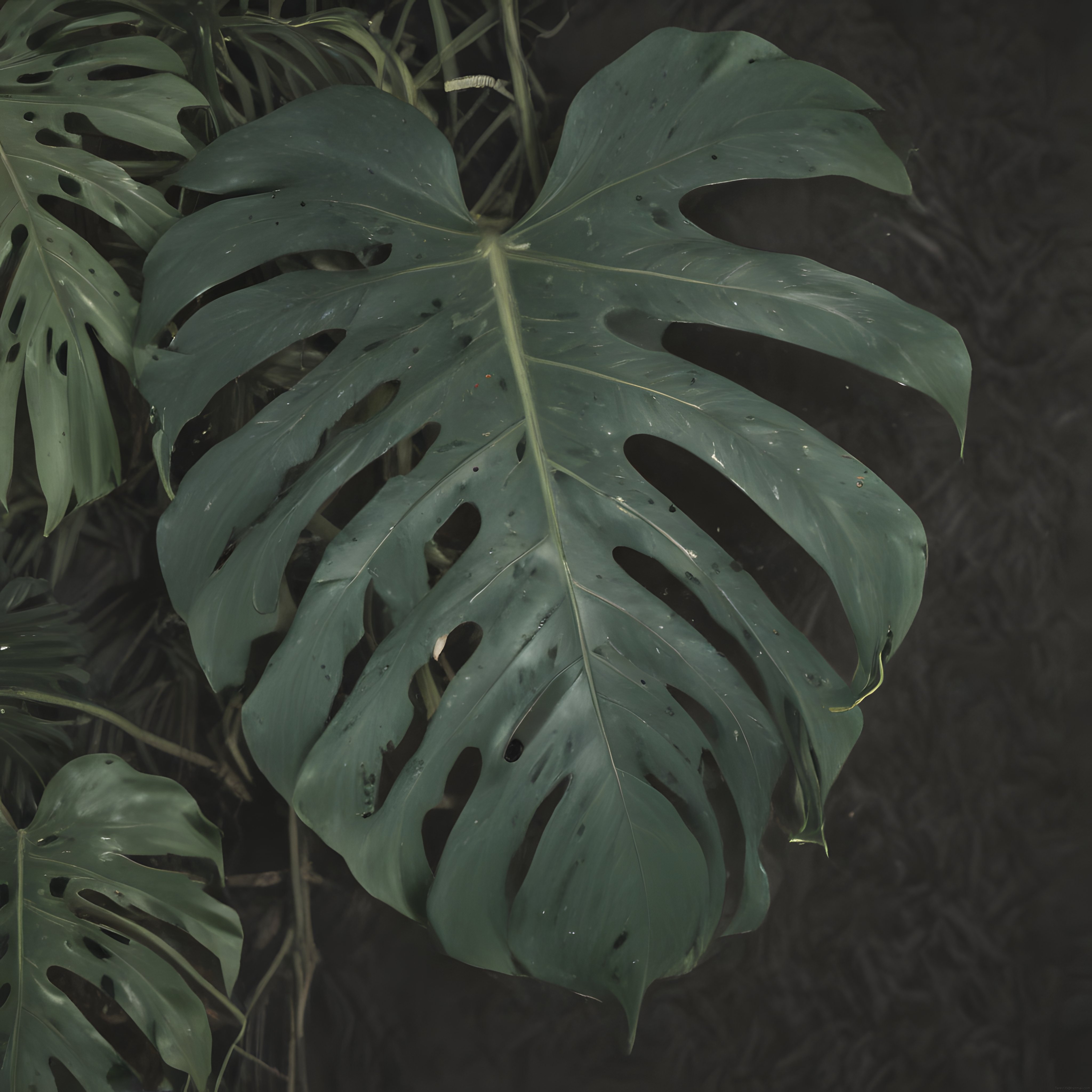 Islak Monstera Yaprağı ve Su Damlalarıyla Koyu Tropik Doğa Manzarası