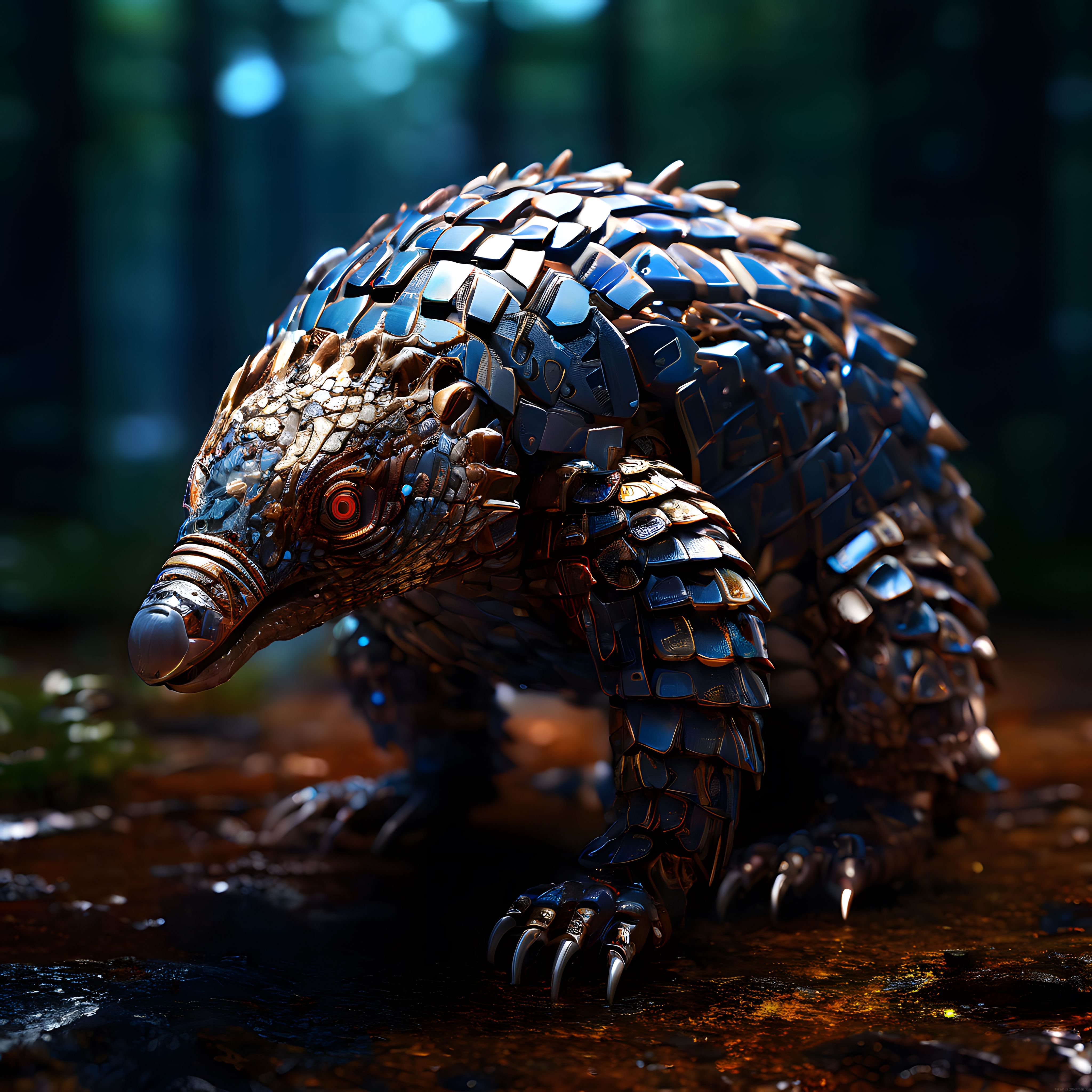 Islak orman zemininde parlayan çelik ve bakır kaplamalı mekanik pangolin