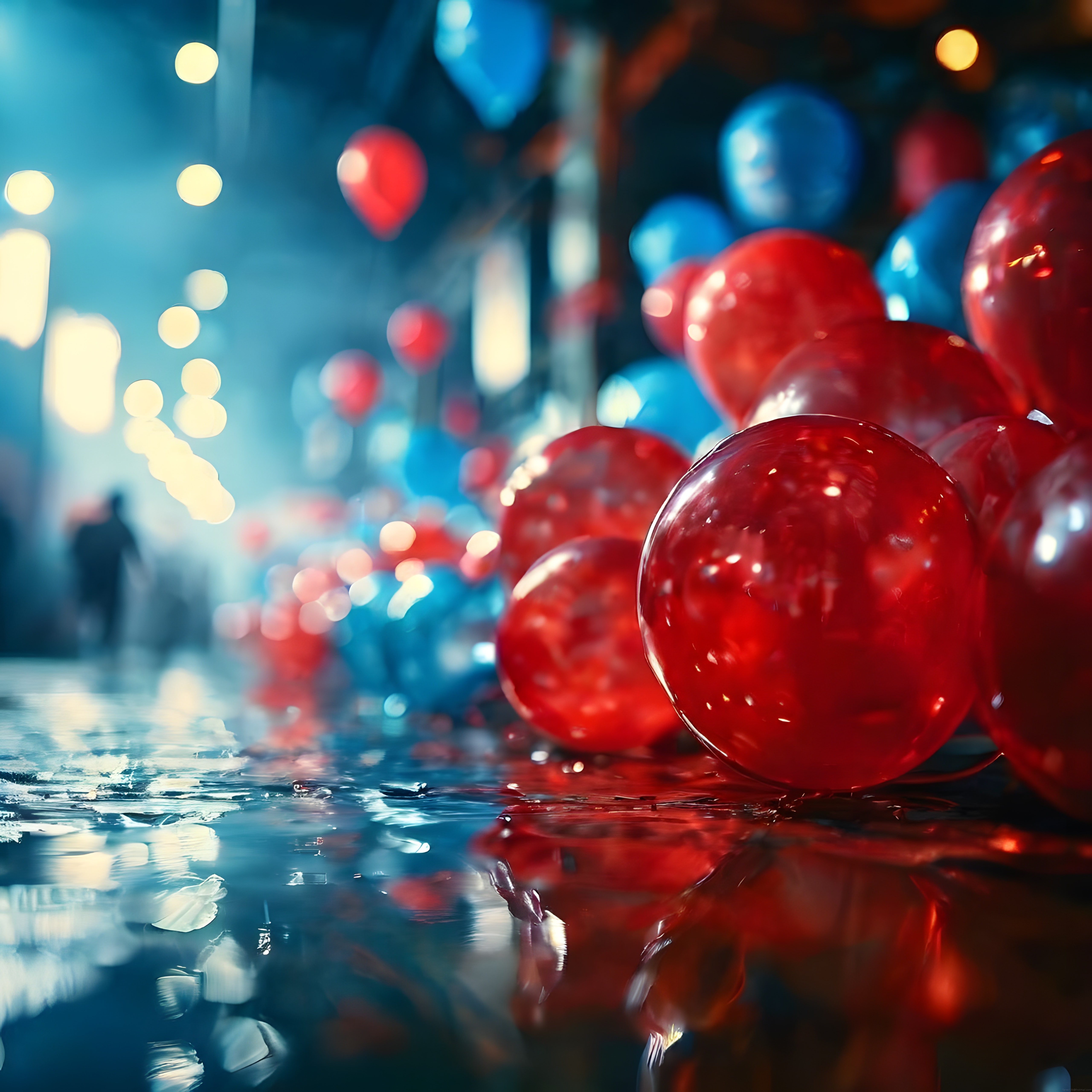 Islak Sokakta Kırmızı ve Mavi Balonlarla Büyülü Gece Atmosferi