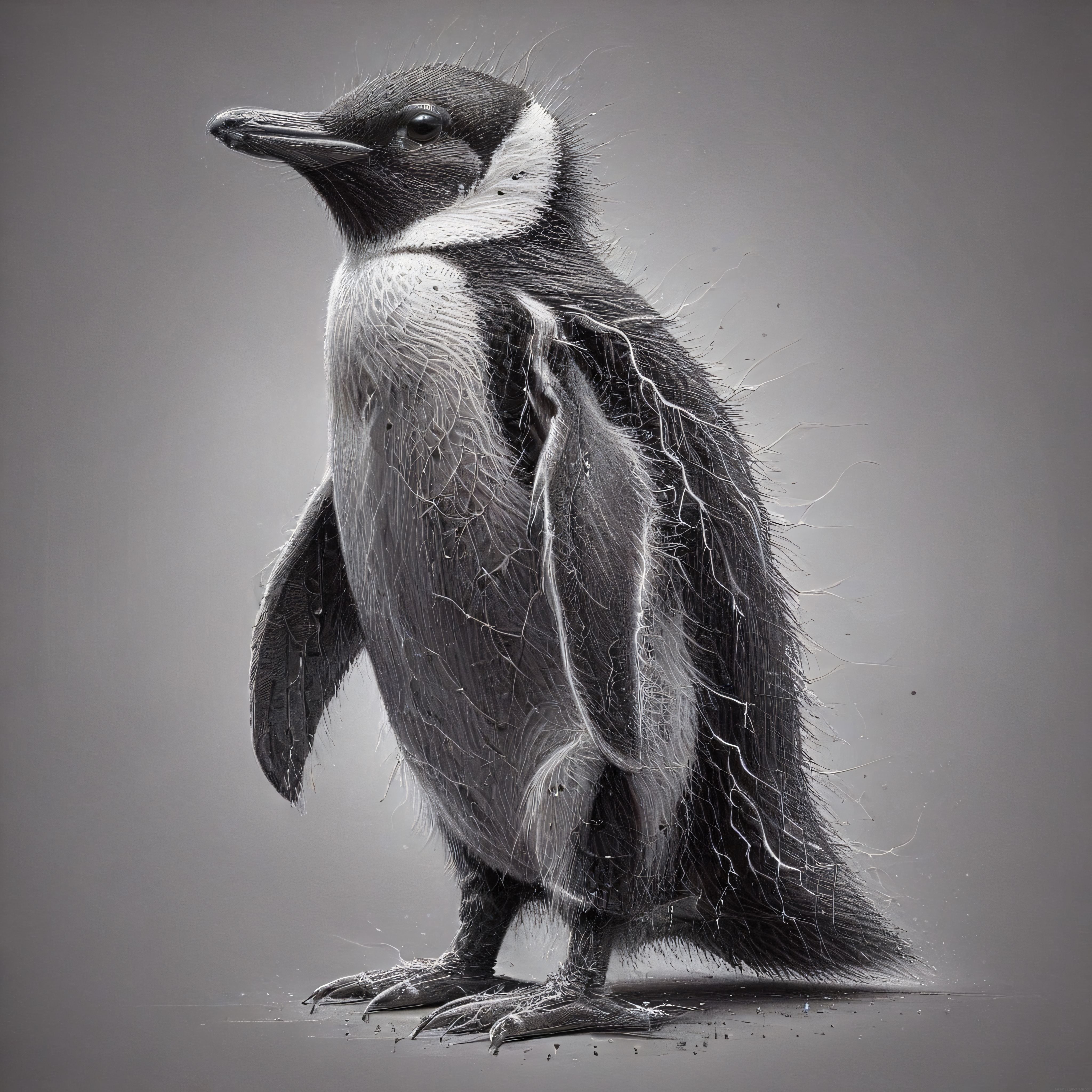Islak Tüylü Penguenin Gri Fon Üzerindeki Etkileyici ve Sanatsal Portresi