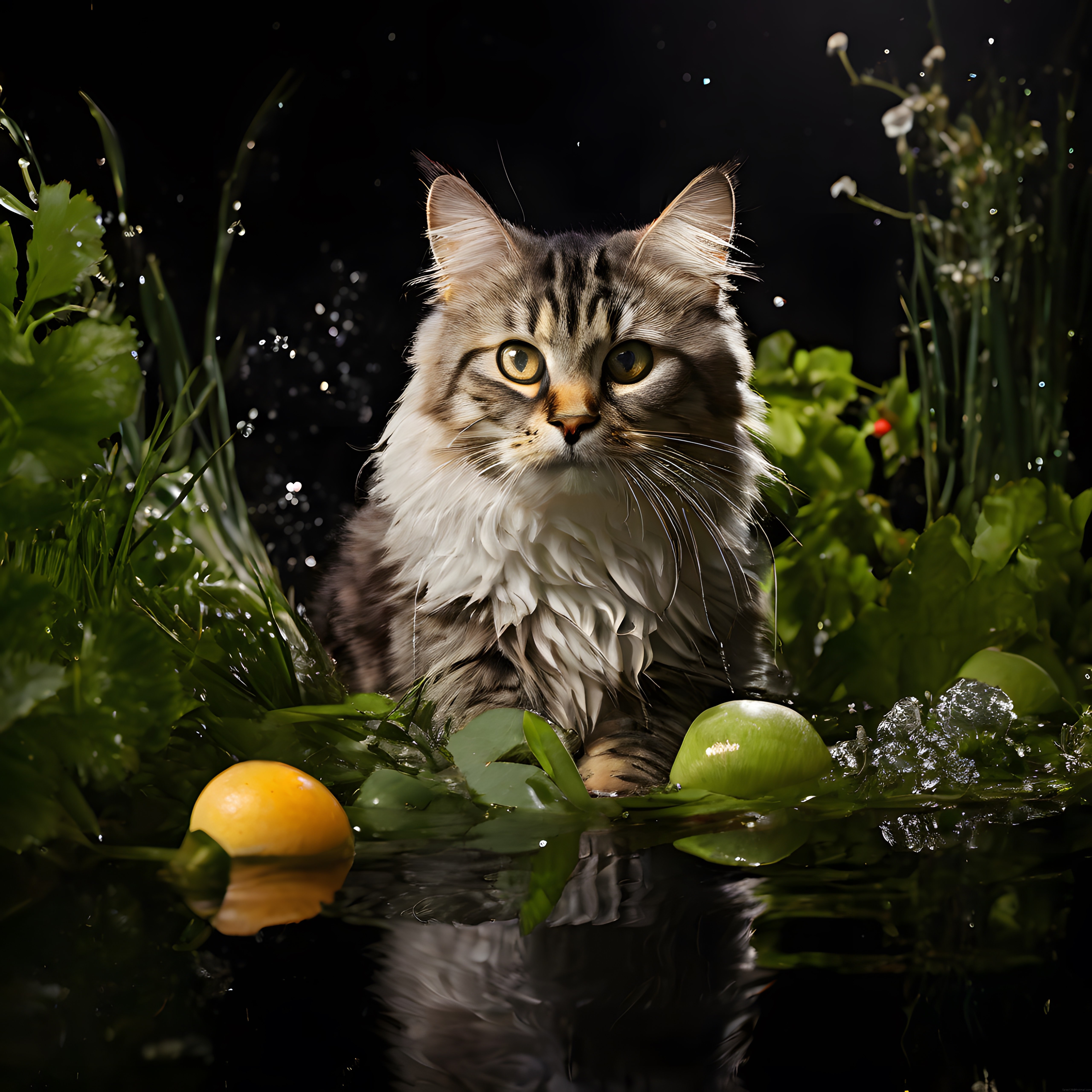 Islak Tüylü Tekir Kedi Suda Otururken Yeşil Bitkiler ve Sarı Meyveler