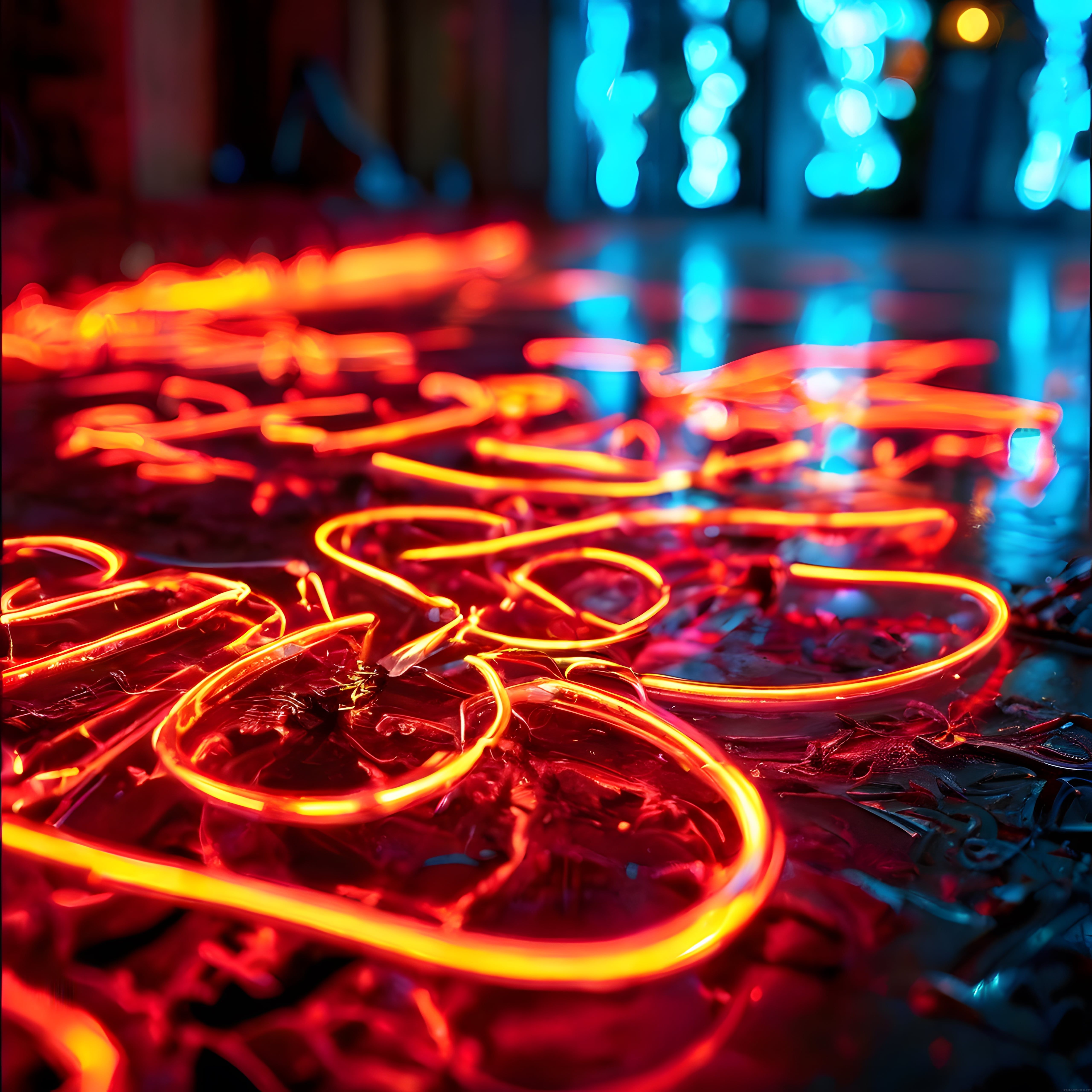 Islak Zeminde Neon Işıkların Büyüleyici Dansı: Soyut Cyberpunk Atmosfer