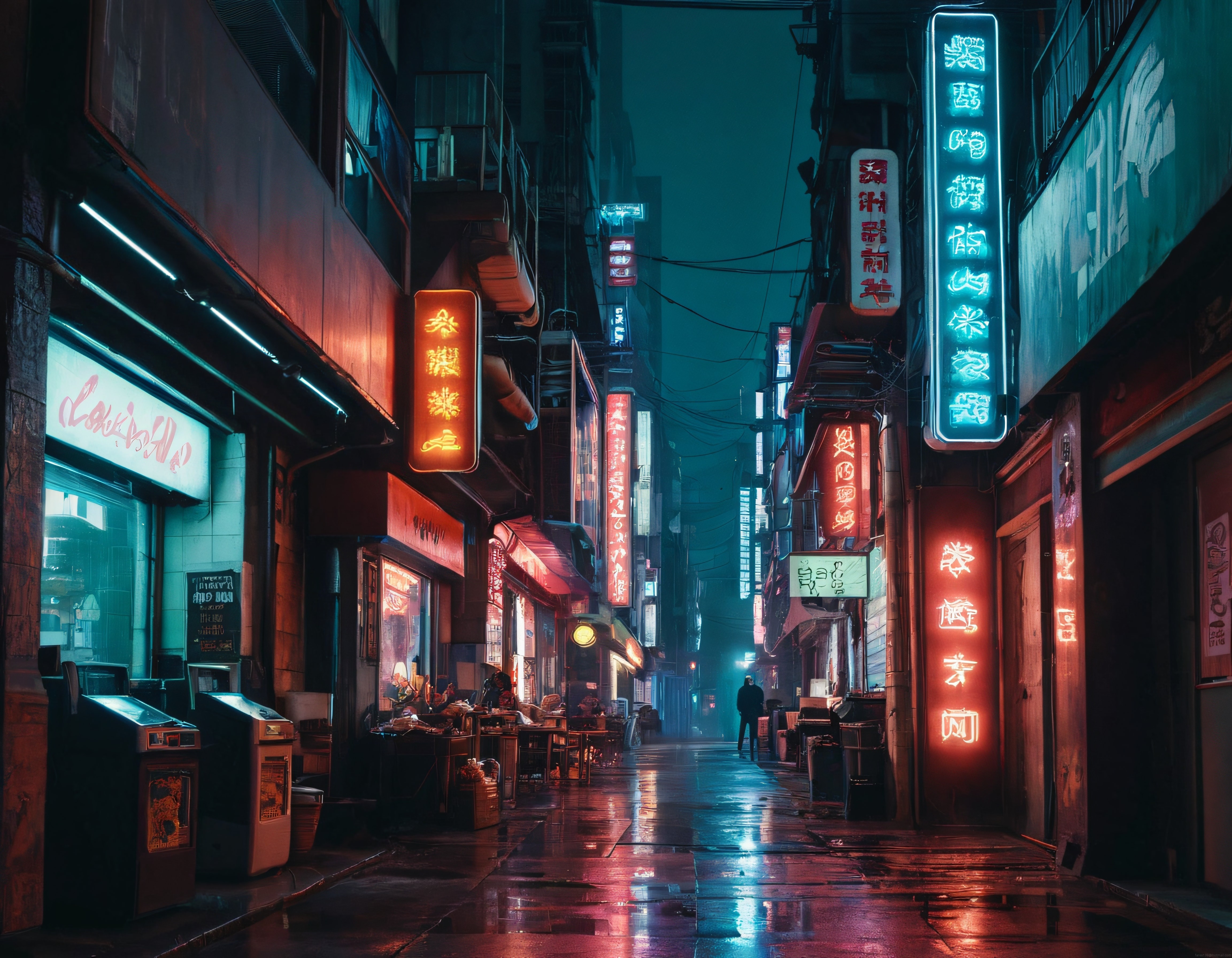 Islak Zeminde Neon Yansımalarıyla Büyüleyici Japon Gece Sokağı Manzarası