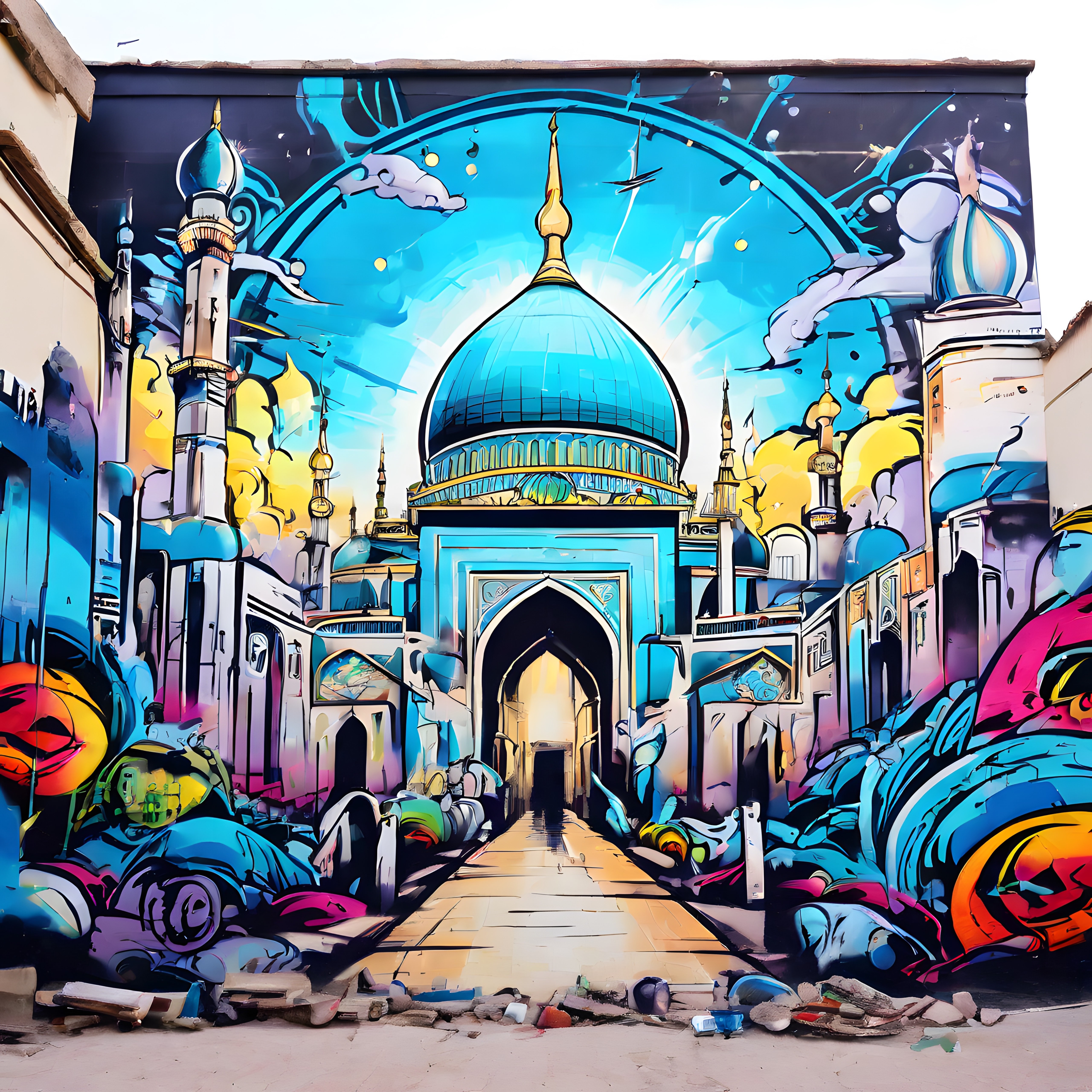 İslami Mimari ve Sokak Sanatı Buluşması: Renkli Cami Graffiti Duvar Resmi