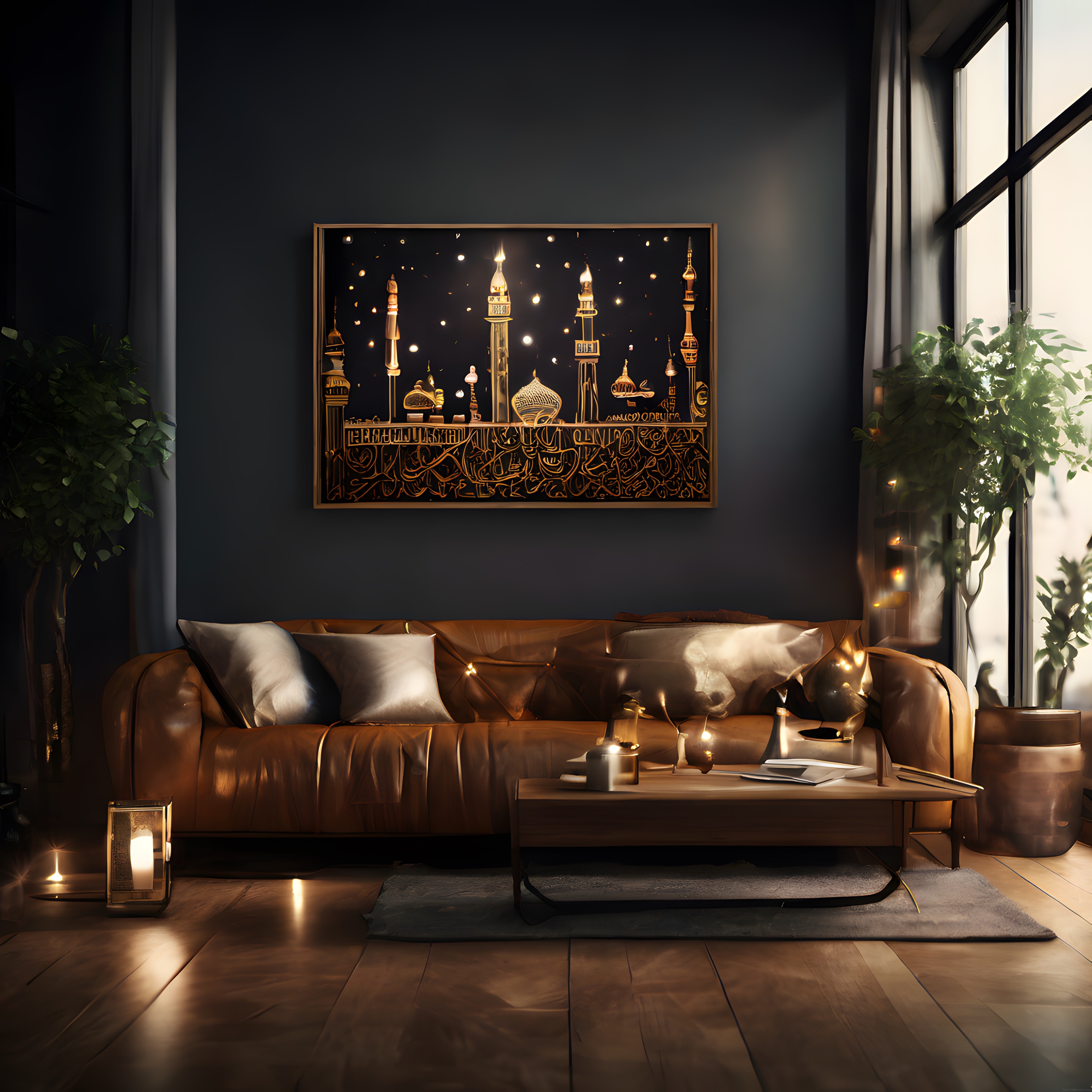 İslami Sanat ve Mum Işığıyla Süslenmiş Lüks Salon Dekorasyonu
