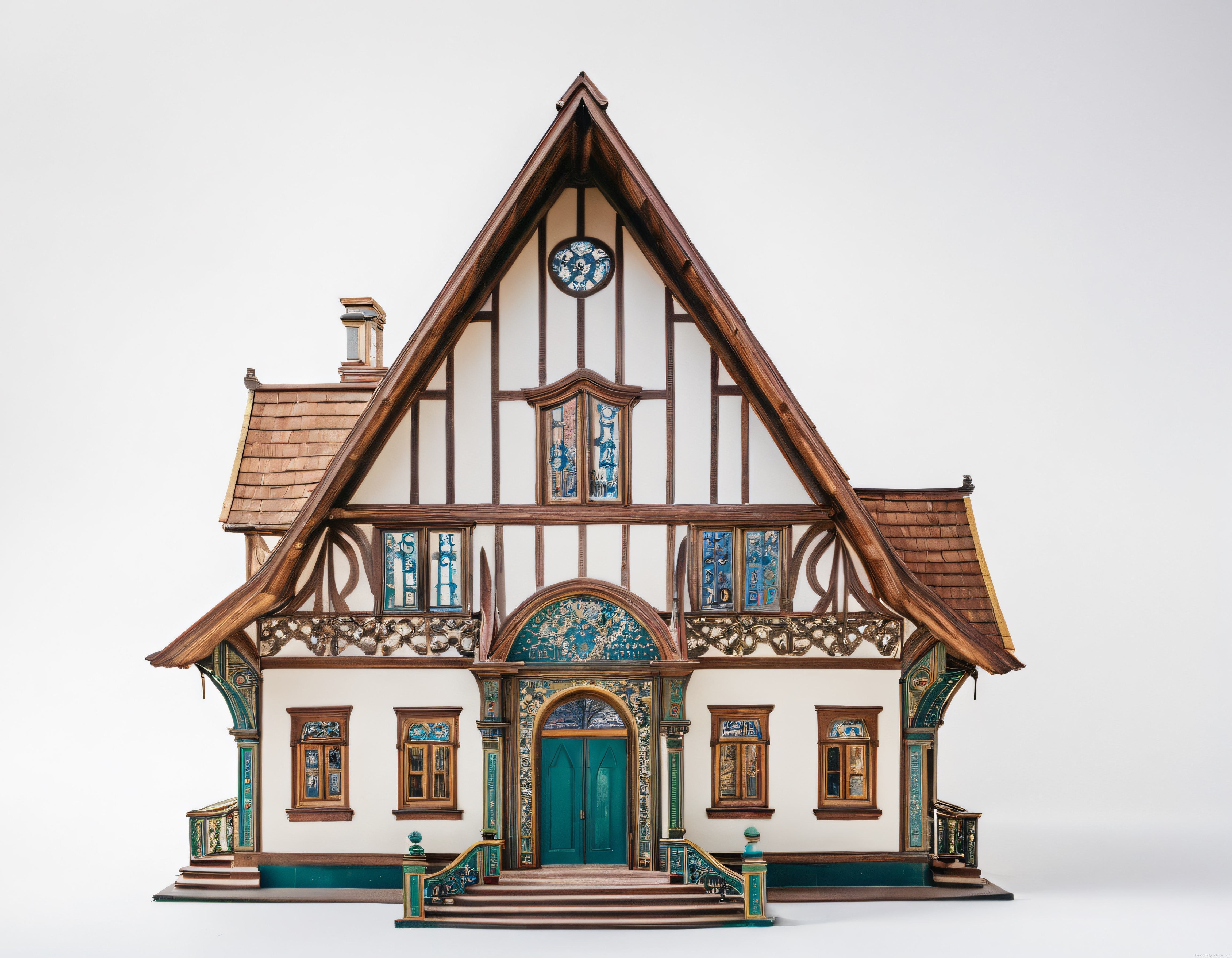 İşlemeli ahşap çatılı ve vitray pencereli süslü maket ev modeli