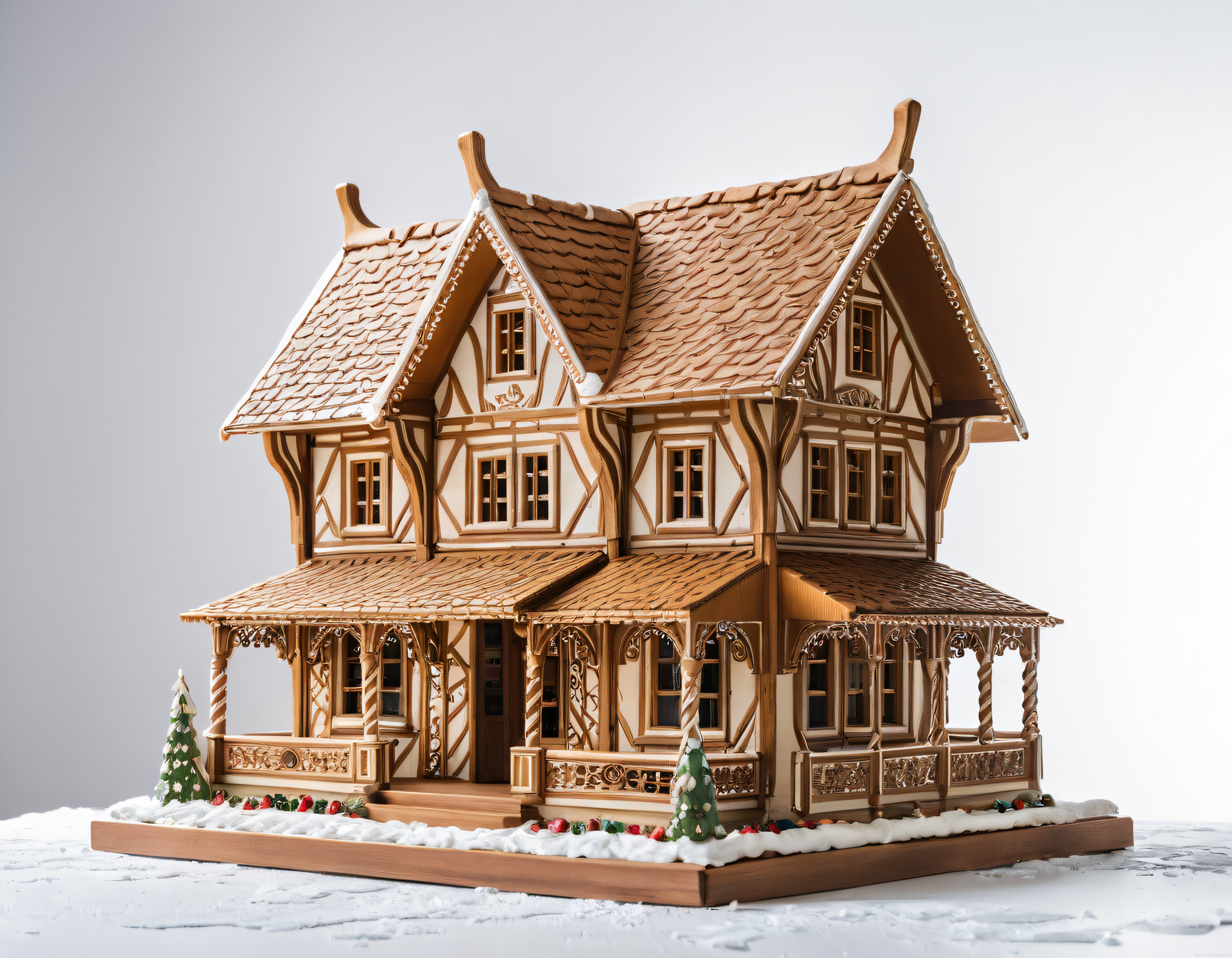 İşlemeli ahşap görünümlü çatılarla süslü tudor tarzı zencefilli ev maketi