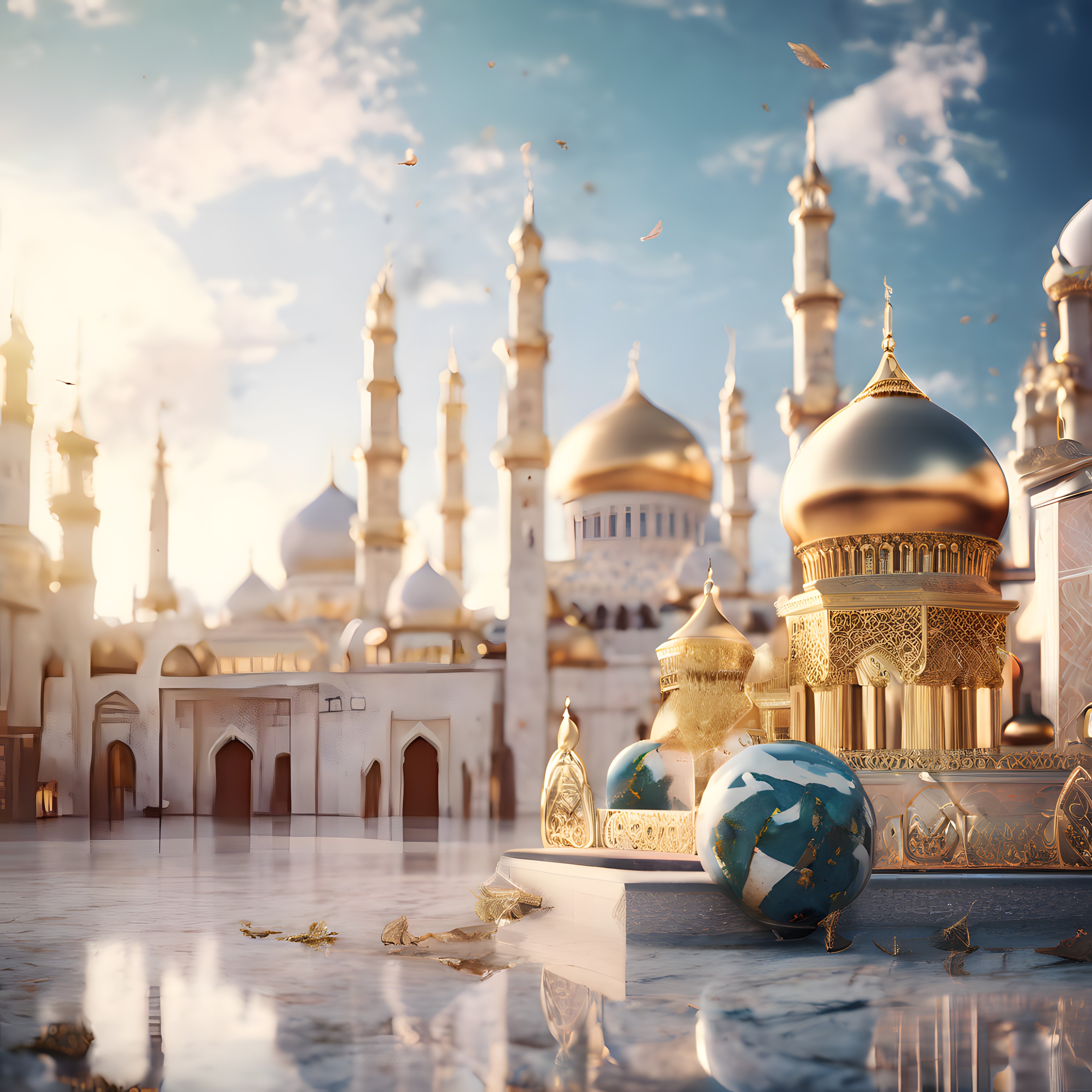 İşlemeli Altın Kubbeli Cami Avlusu ve Fantastik Güneş Işıltısı