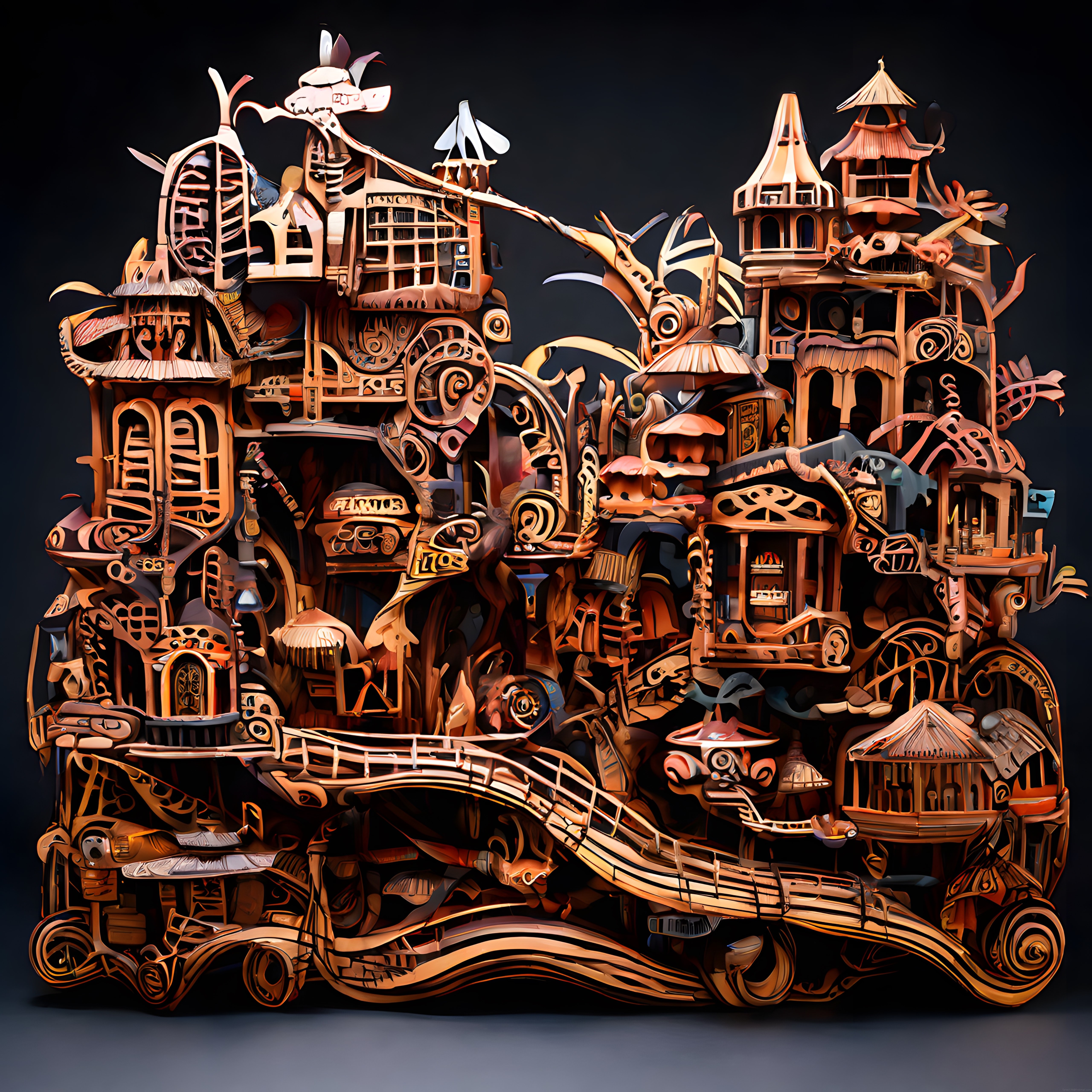 İşlenmiş ahşaptan fantastik minyatür köy ve steampunk mekanik heykel sanatı