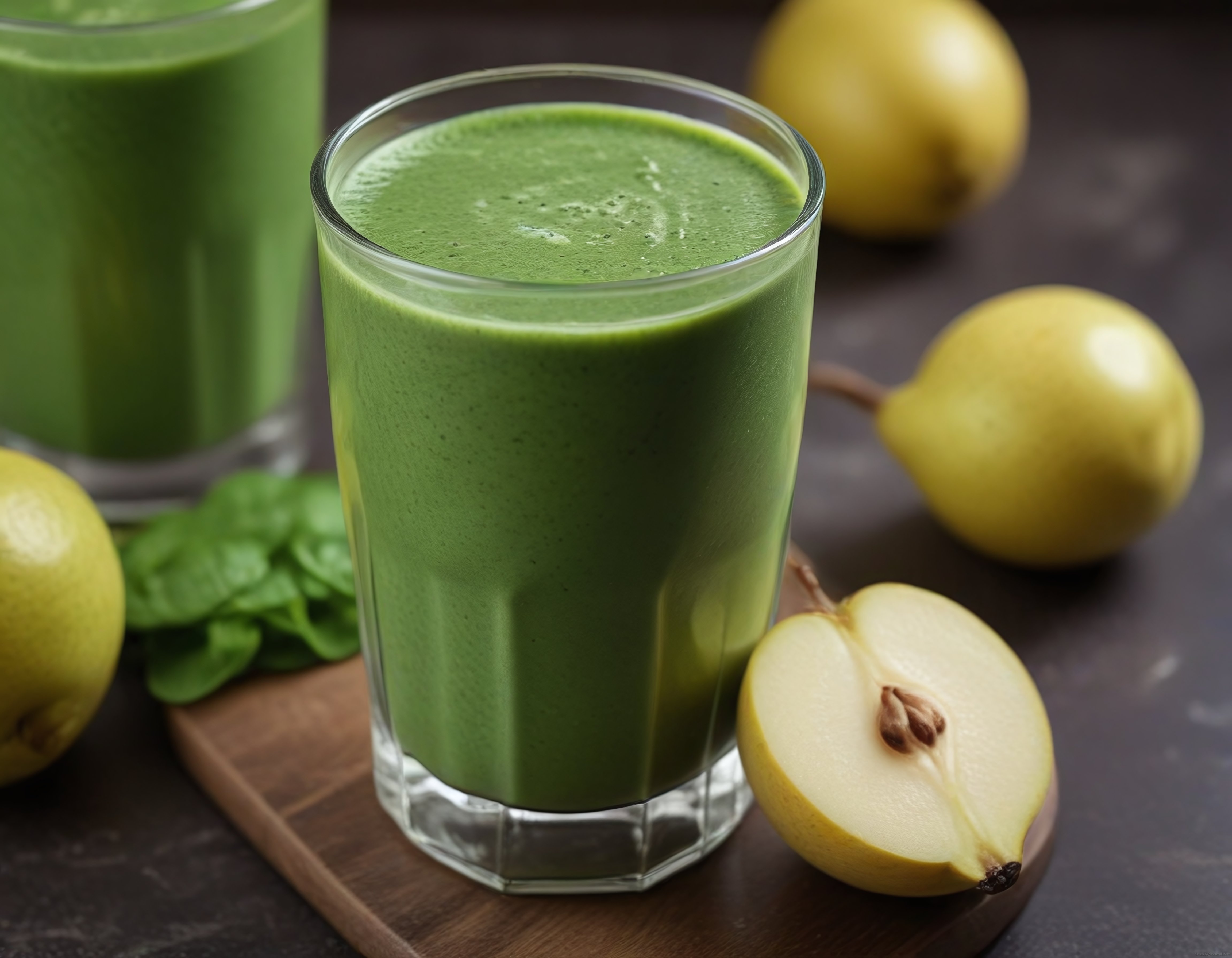 Ispanak ve armutlu yeşil smoothie, ahşap tahta üzerinde servis edilmiş