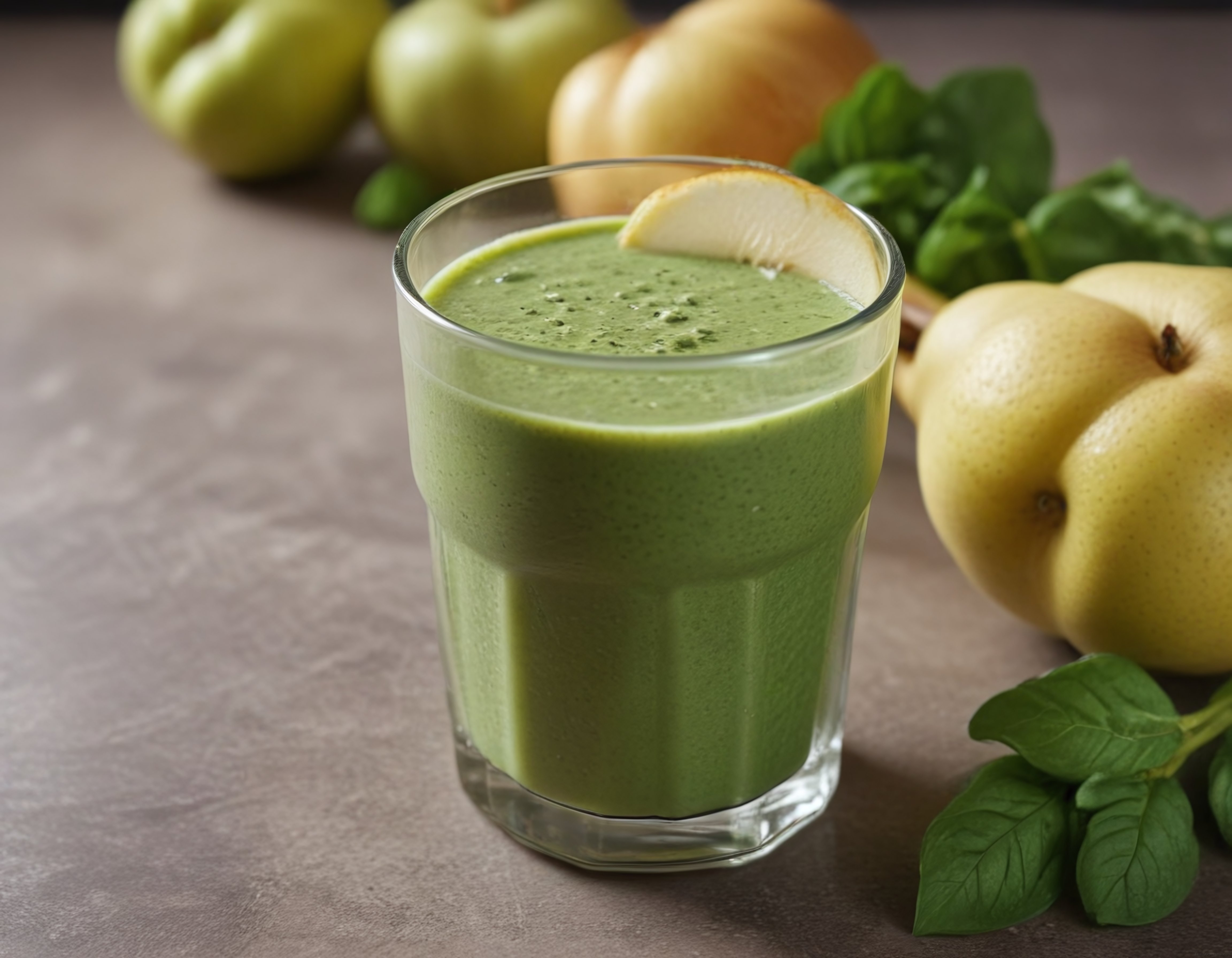 Ispanak ve armutlu yeşil smoothie bardağı, yanında taze yapraklar ve meyveler