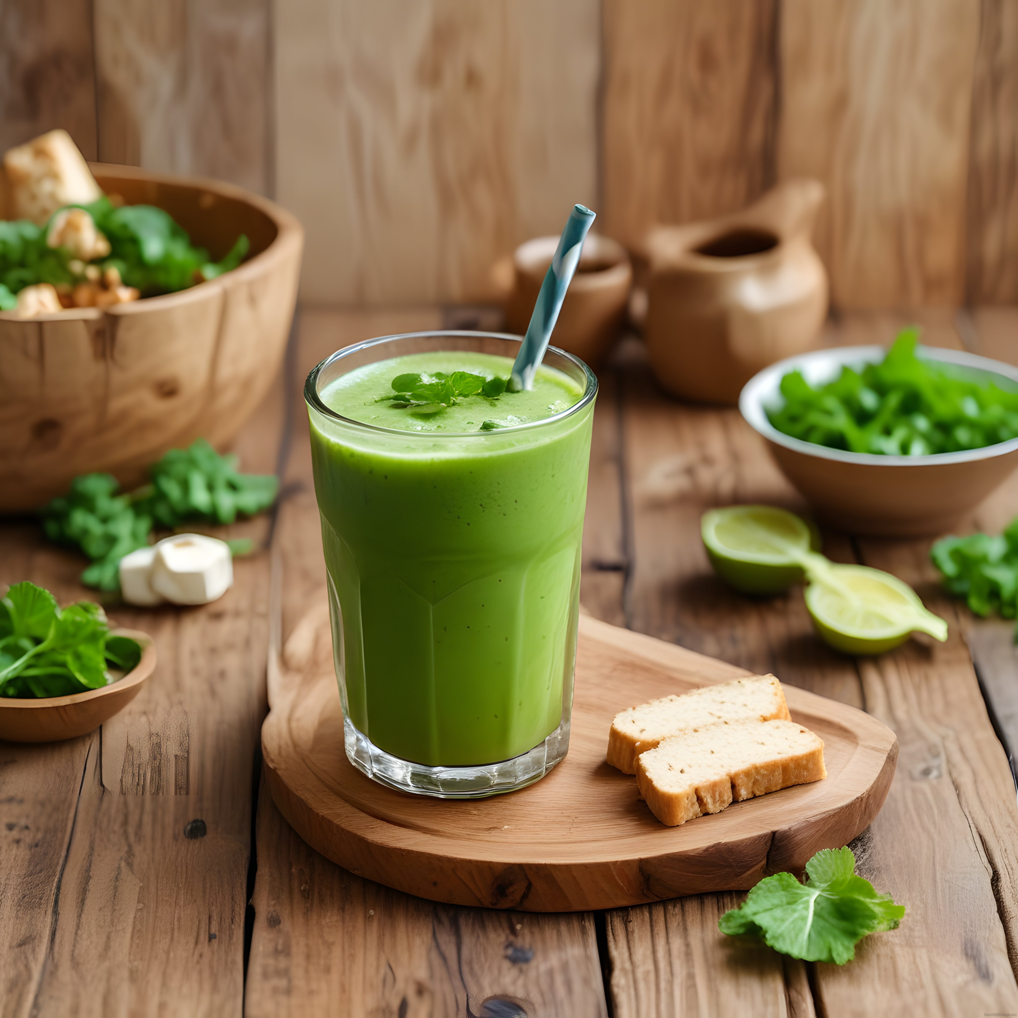 Ispanaklı yeşil smoothie, ahşap masada bisküvi ve limonla servis edilmiş