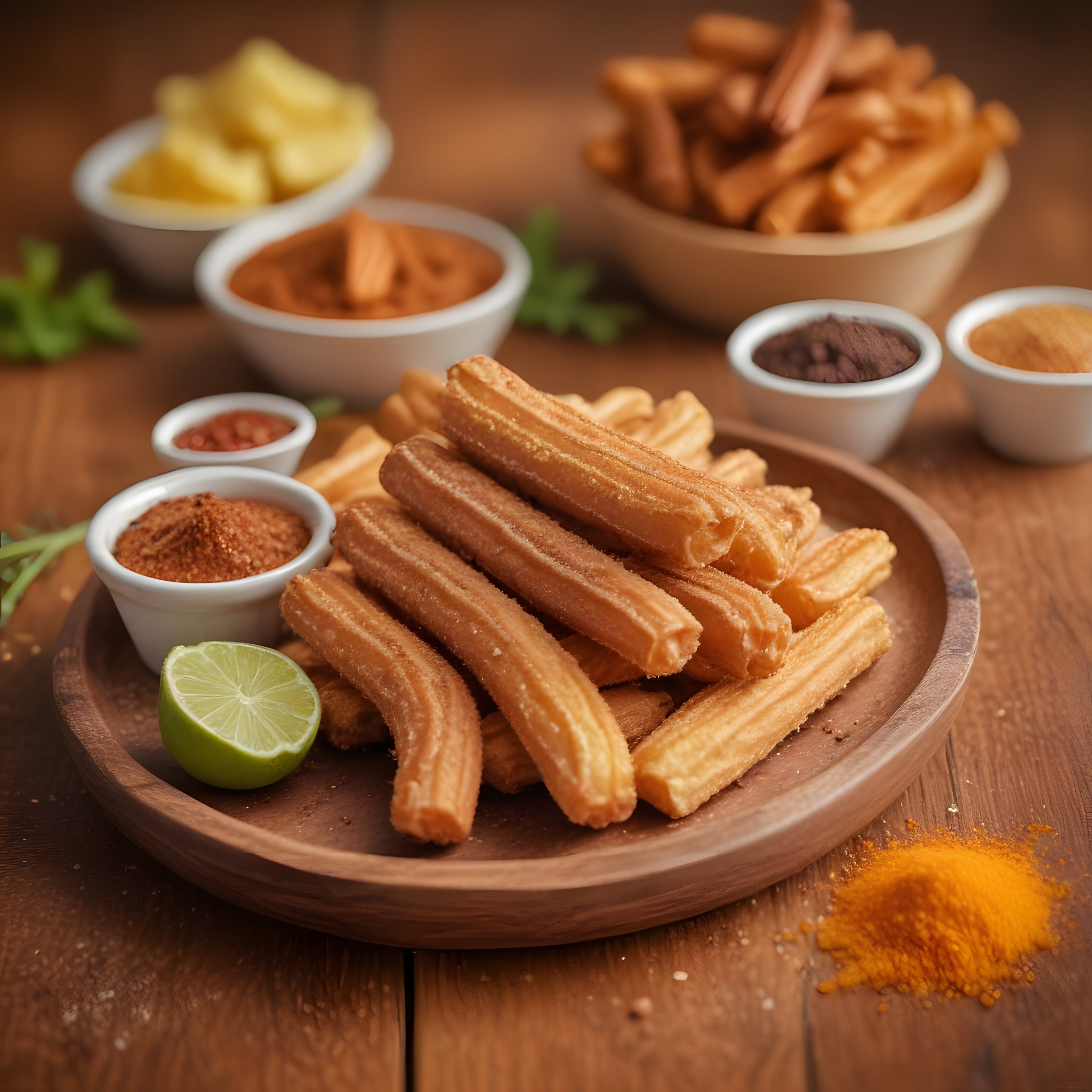 İspanyol Tatlısı Churros Ahşap Tabakta Çikolata ve Karamel Sos Eşliğinde