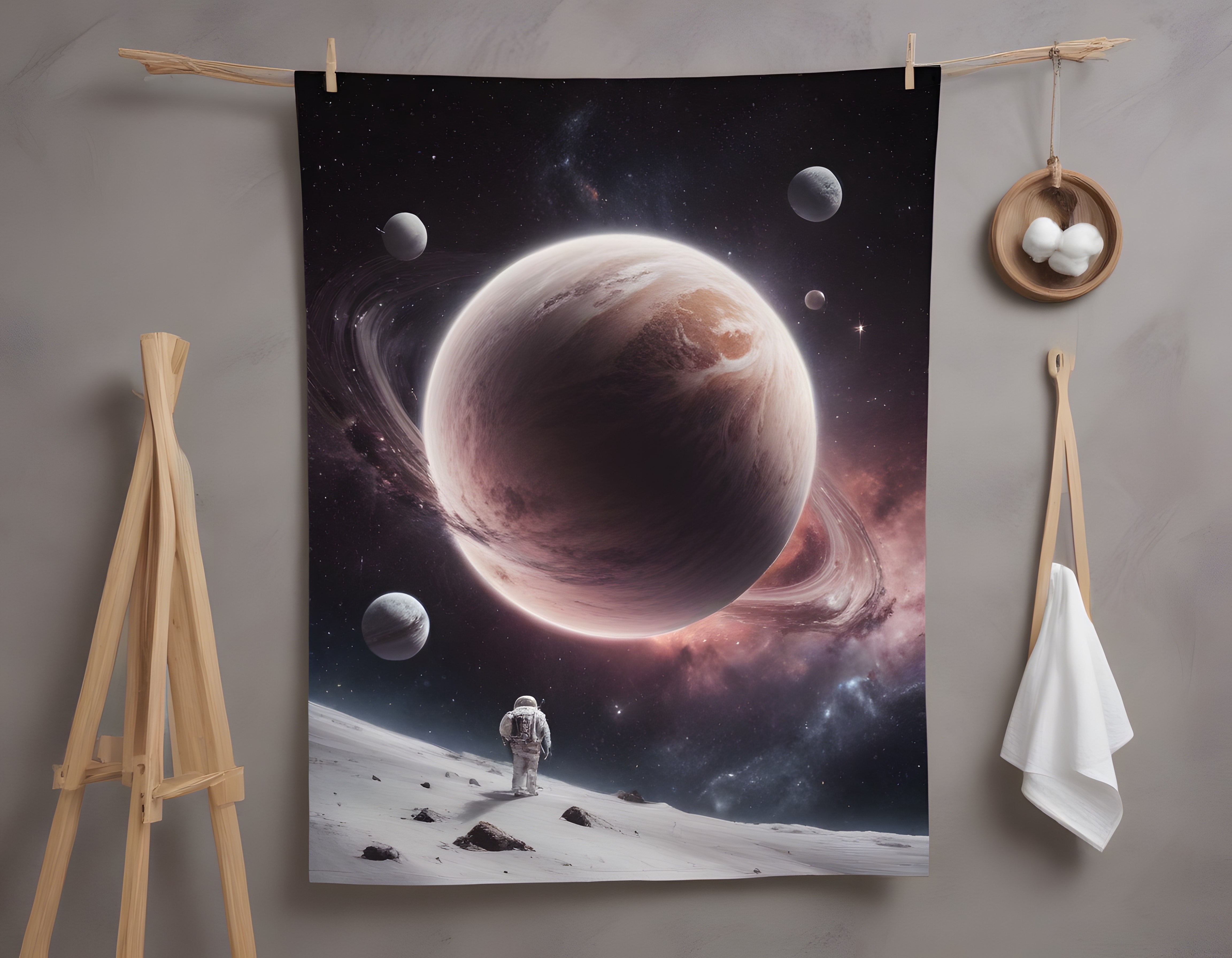 Issız Bir Ayın Yüzeyinden Yükselen Devasa Halkalı Gezegen ve Astronot