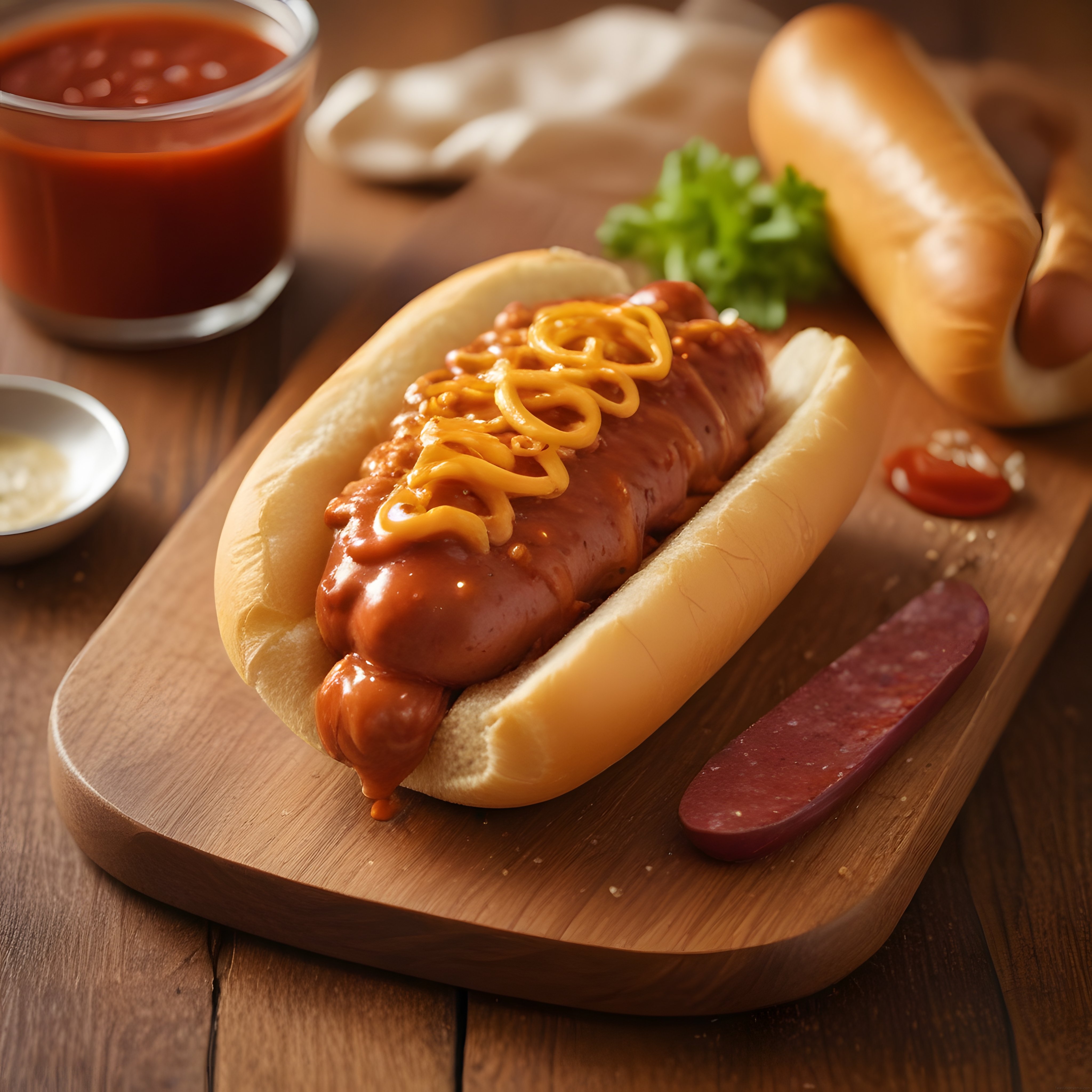 İştah Açıcı Ketçaplı ve Hardallı Hot Dog Ahşap Sunum Fotoğrafı