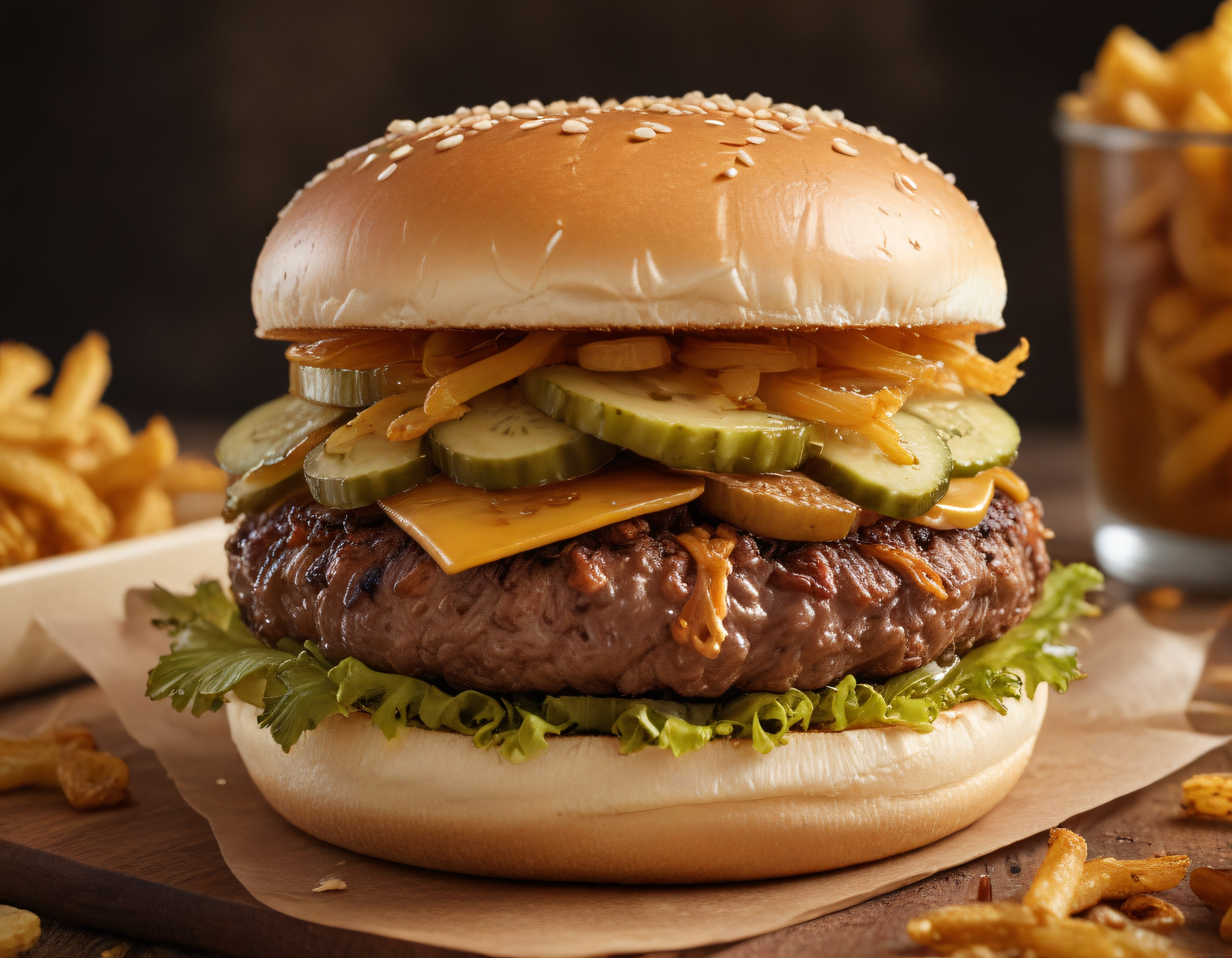 Iştah Açıcı Peynirli Burger ve Patates Kızartması Stüdyo Sunumu