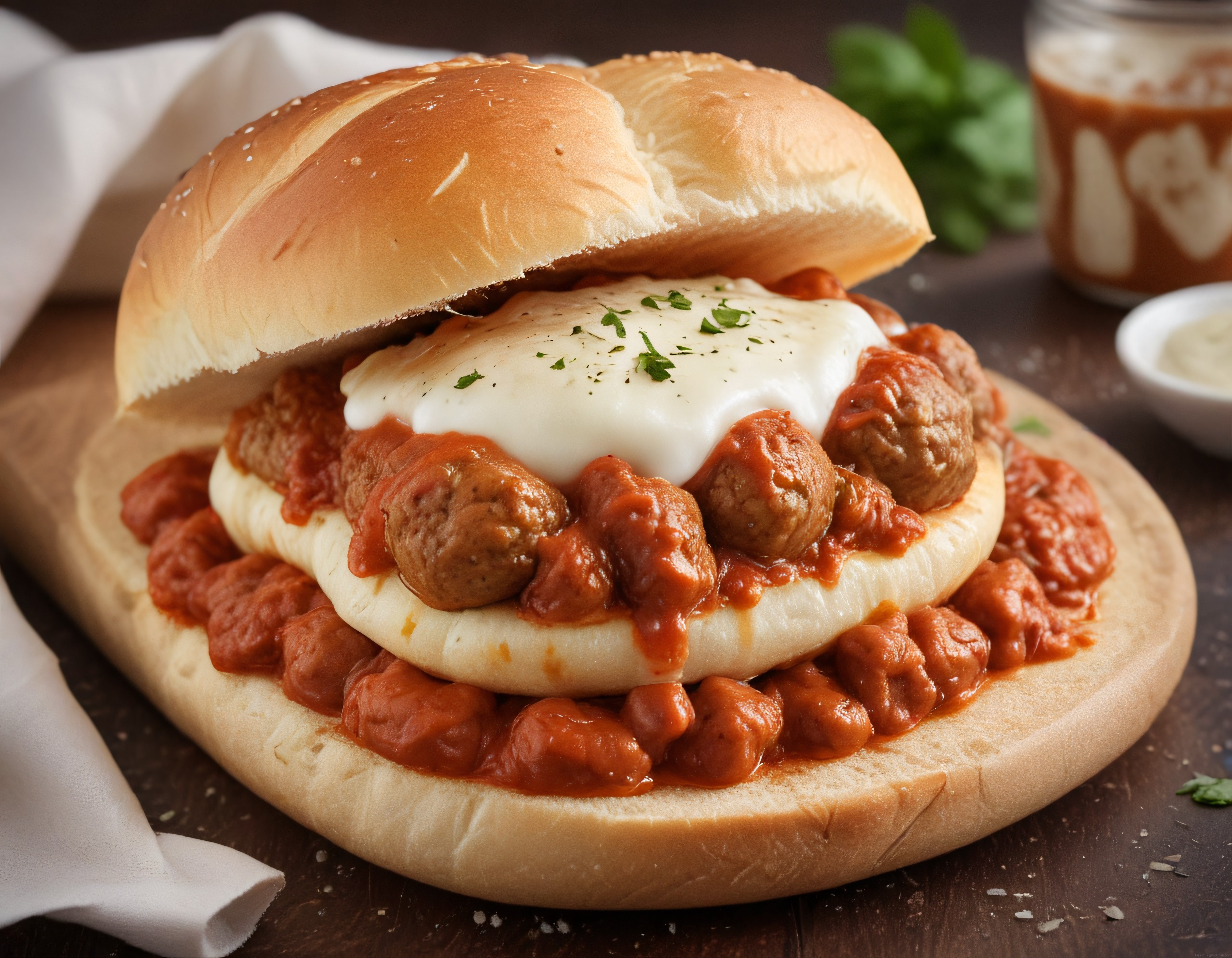 İtalyan usulü bol soslu köfte sandviç ve üzerinde erimiş mozzarella peyniri