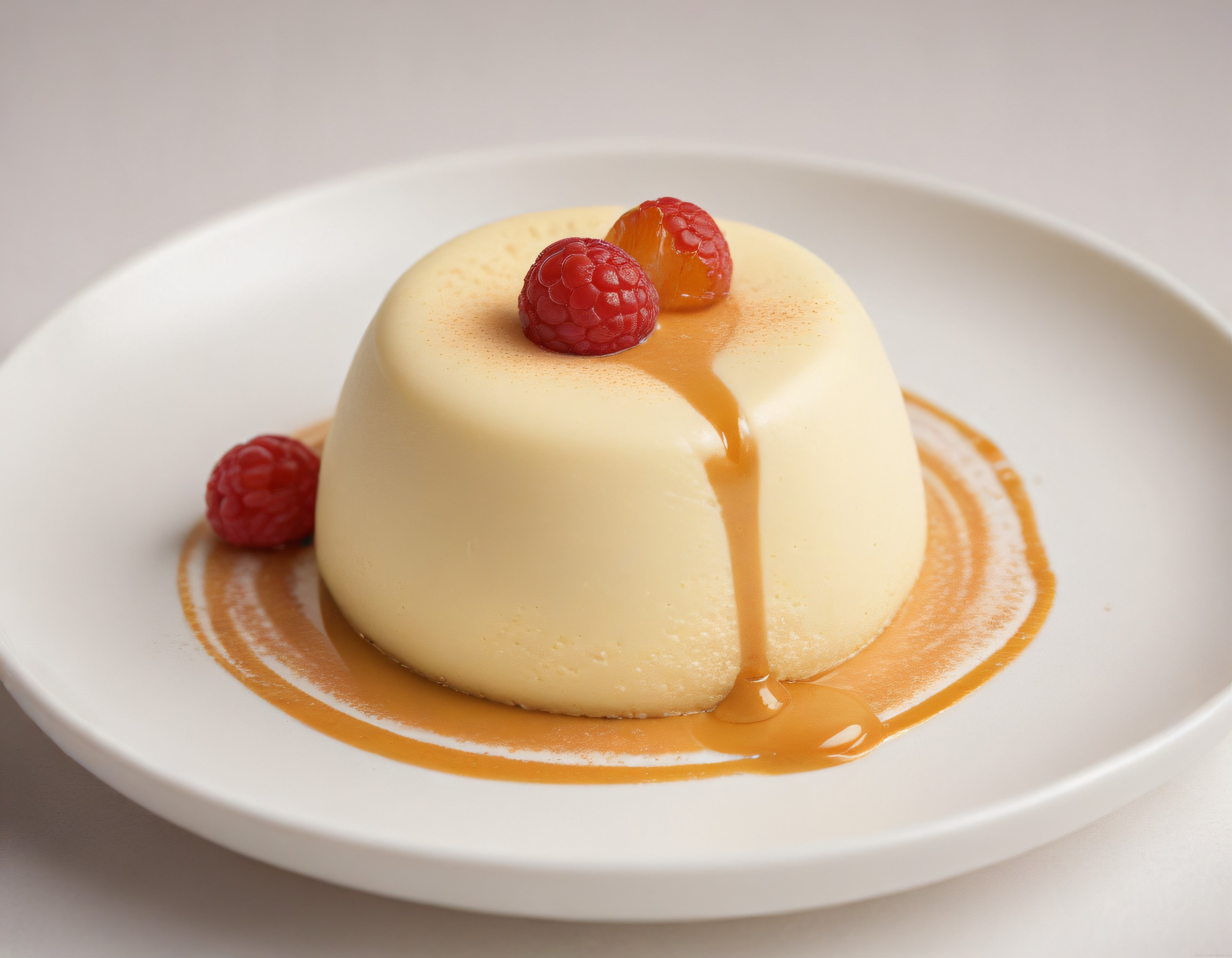 İtalyan usulü kremalı panna cotta üzerinde karamel sos ve taze frambuazlar
