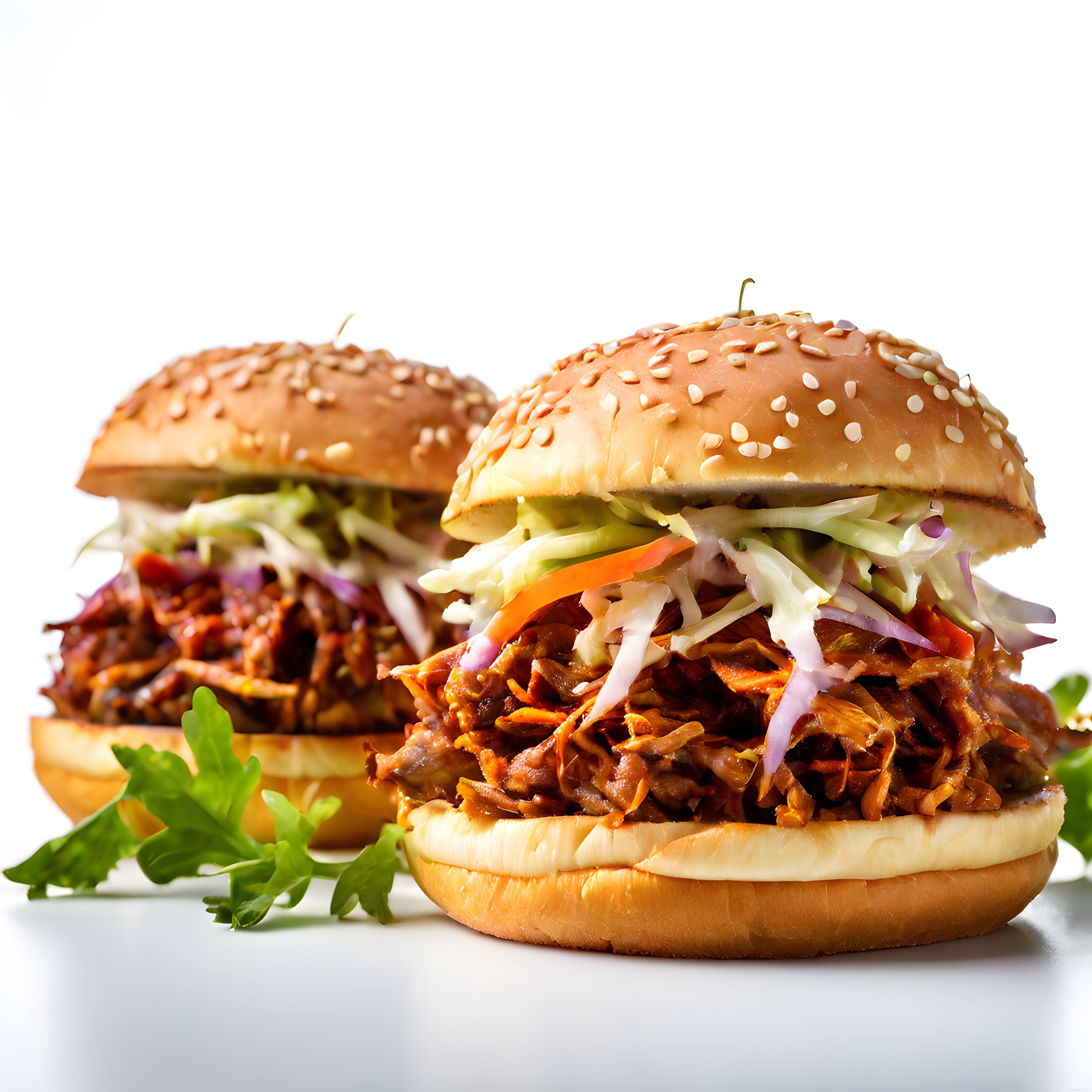 Izgara aromalı susamlı burger ekmeğinde barbekü soslu pulled pork sandviç sunumu