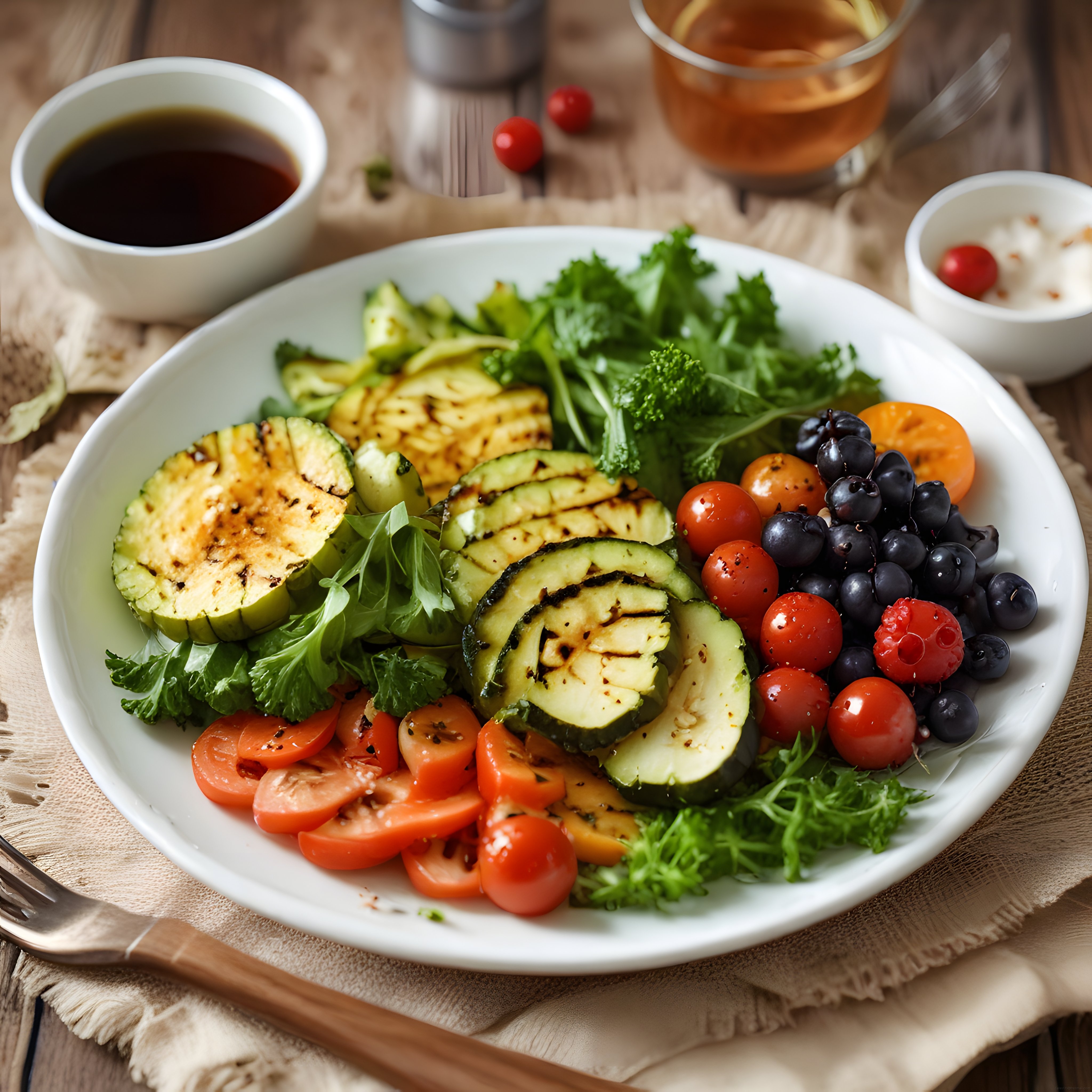Izgara Avokadolu Yaban Mersinli ve Ahududulu Sağlıklı Salata Sunumu