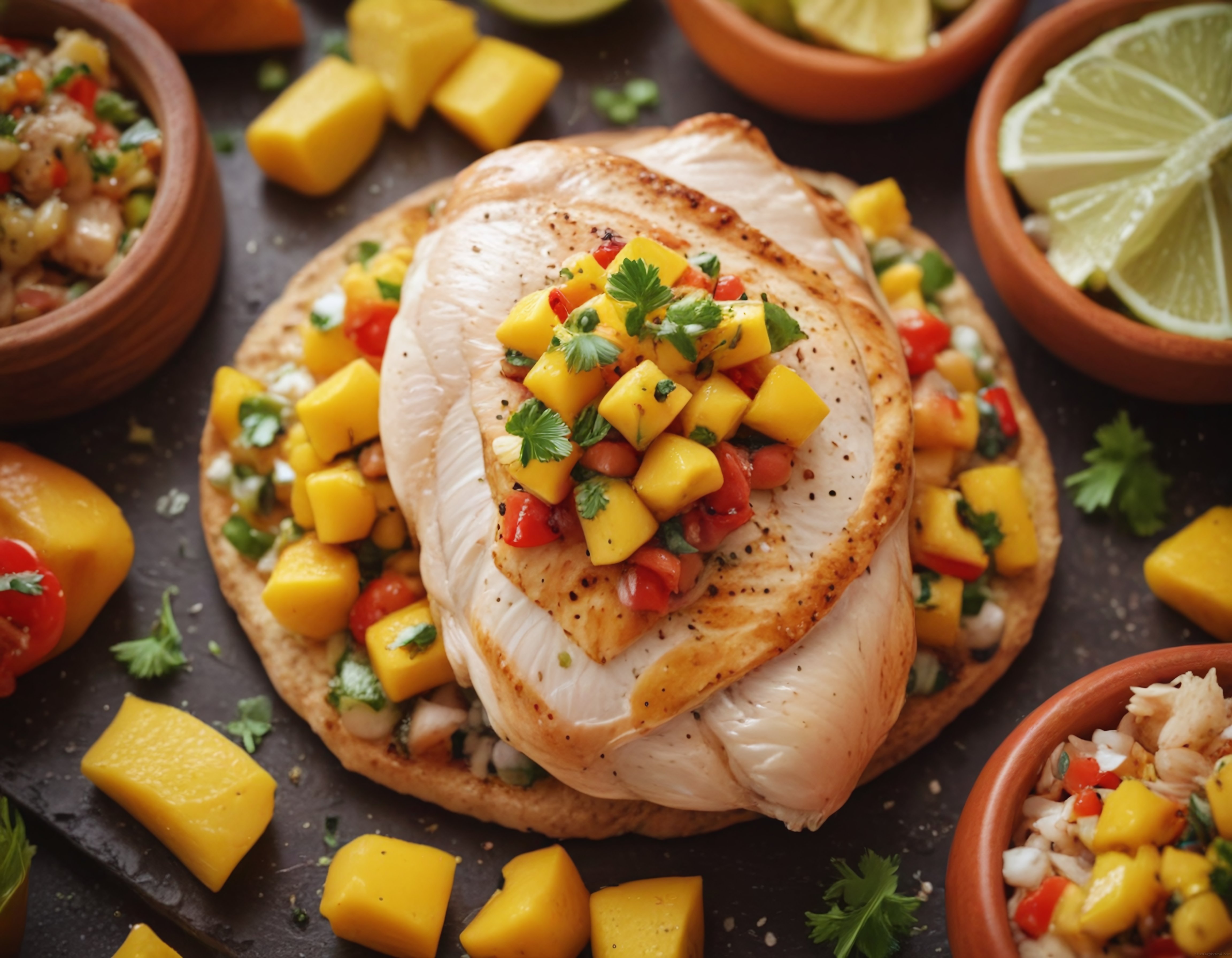 ızgara balık fileto üzerinde renkli mango salsa ve taze kişniş ile sunum