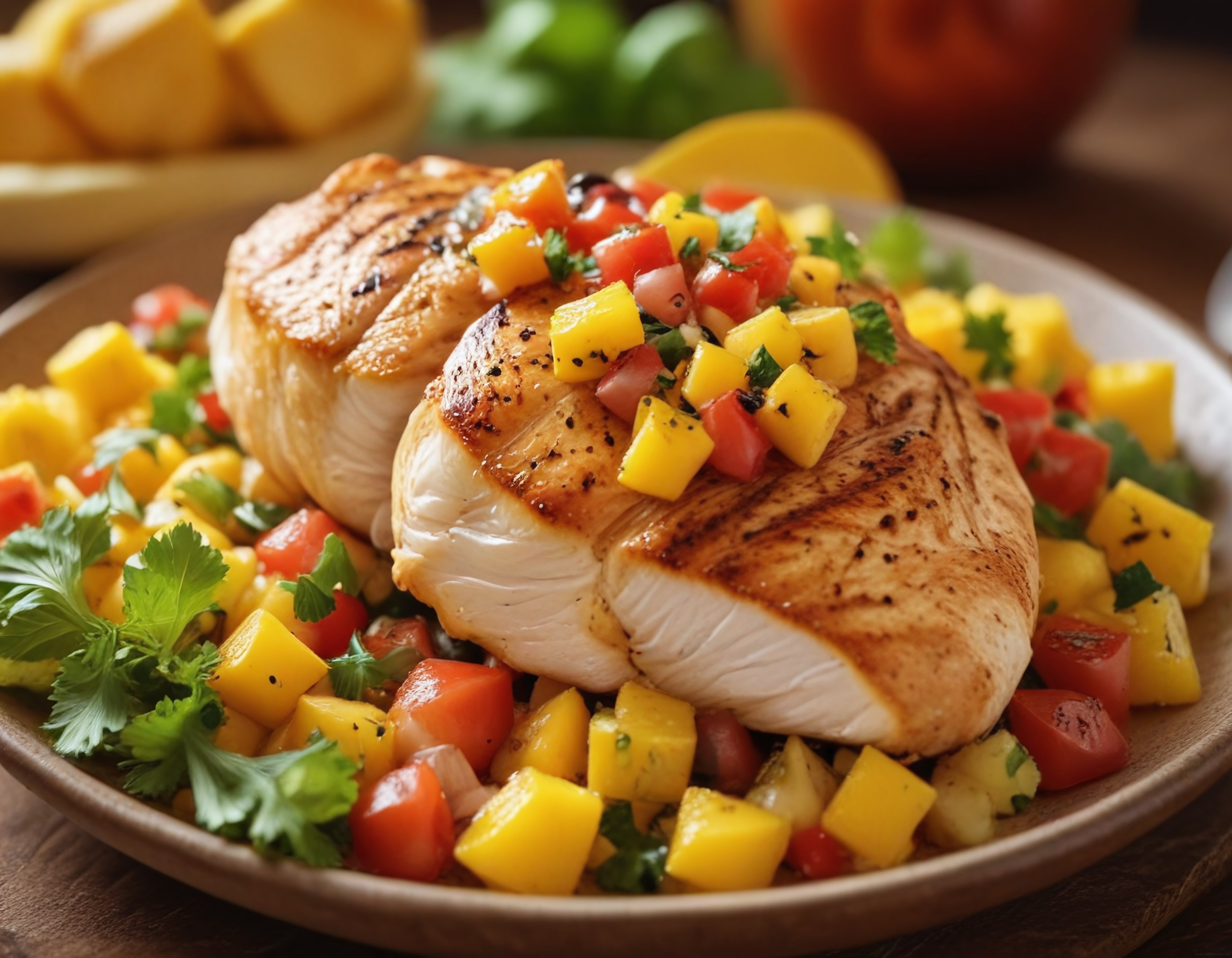 Izgara Balık Filetosu Üzerinde Mangolu Salsa ve Taze Kişniş Süslemesi