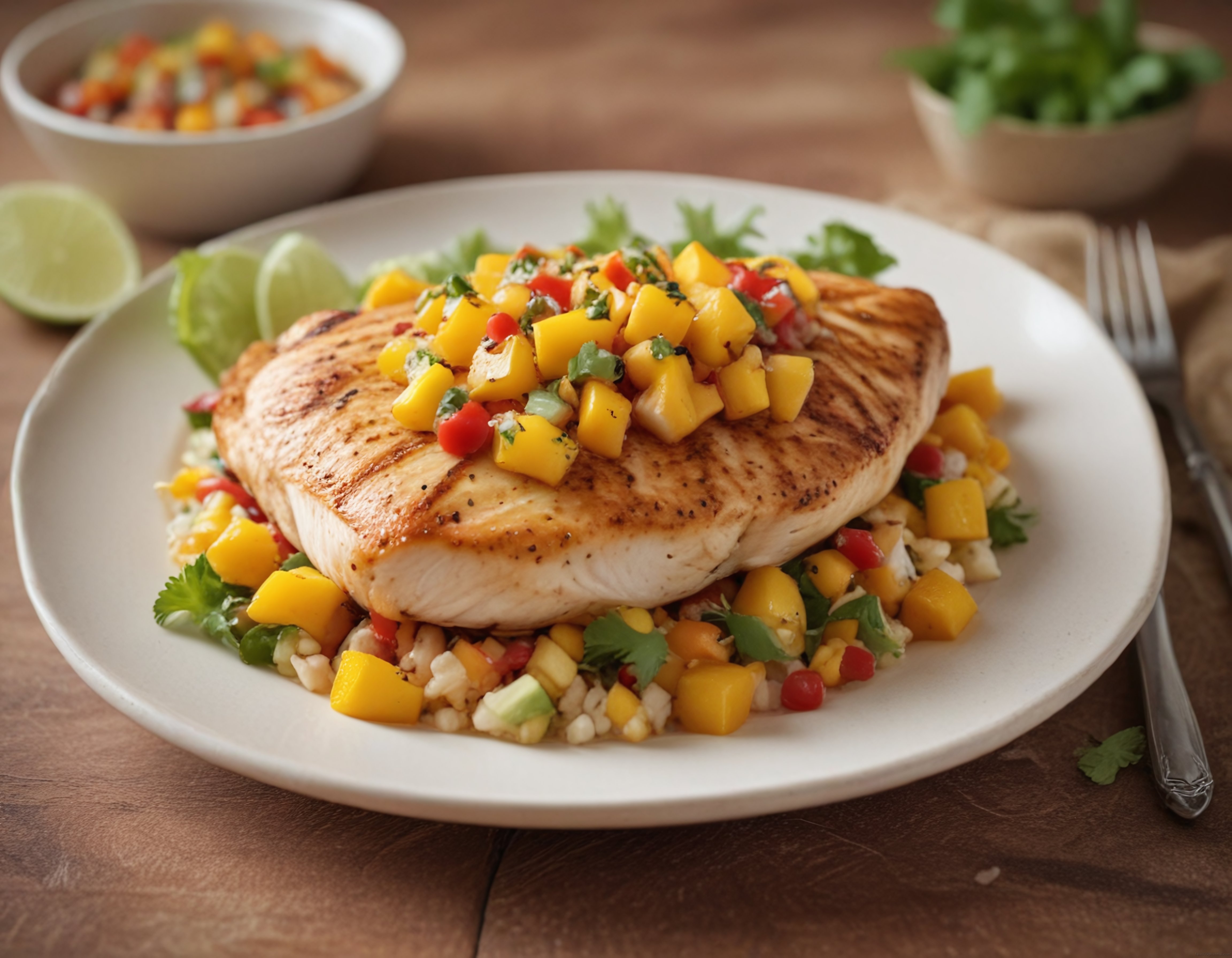 Izgara Balık Filetosu Üzerinde Taze Mango Salsa ve Mısır Salatası