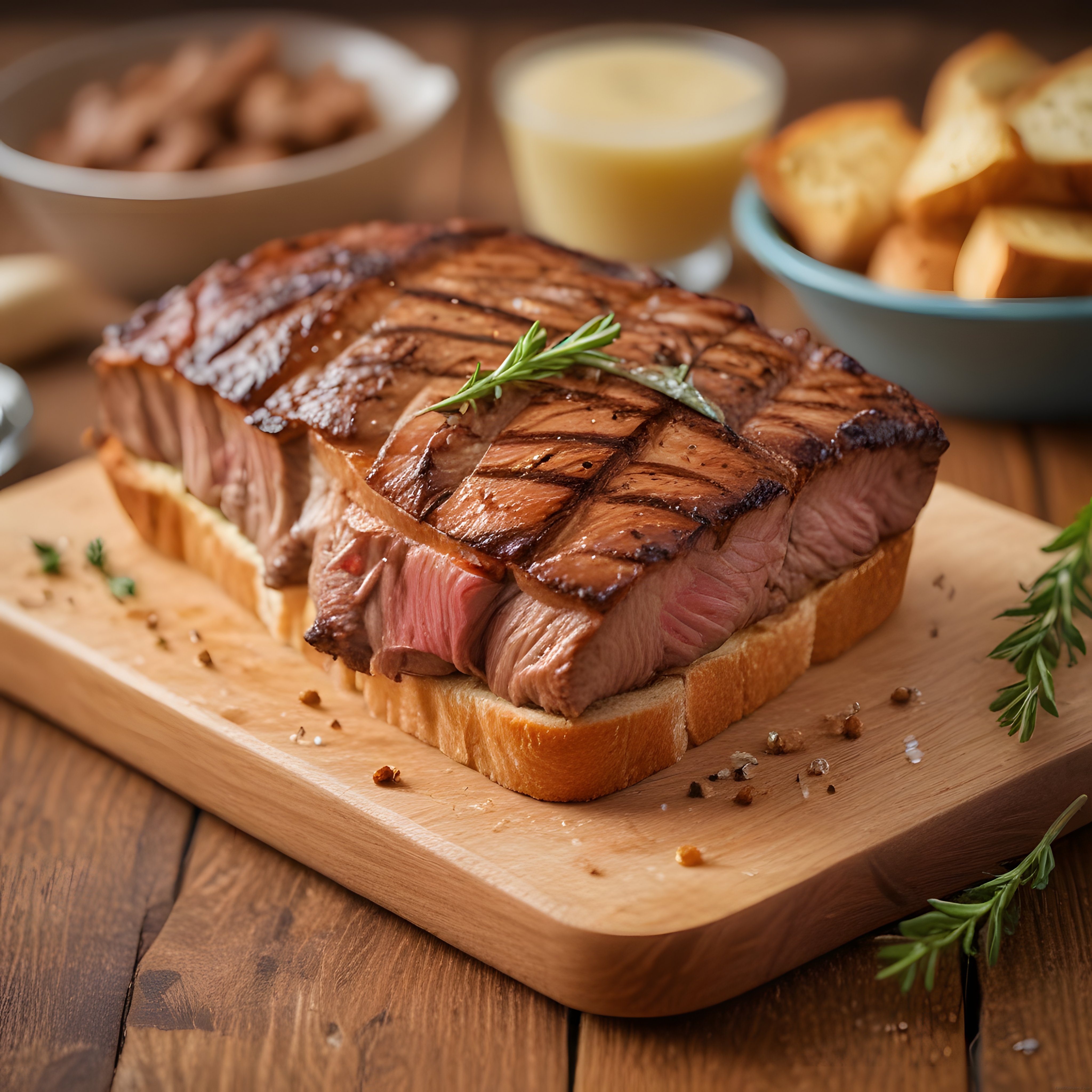 Izgara Biftek Dilimleri Tost Ekmeği Üzerinde Sos ve Mantar Eşliğinde