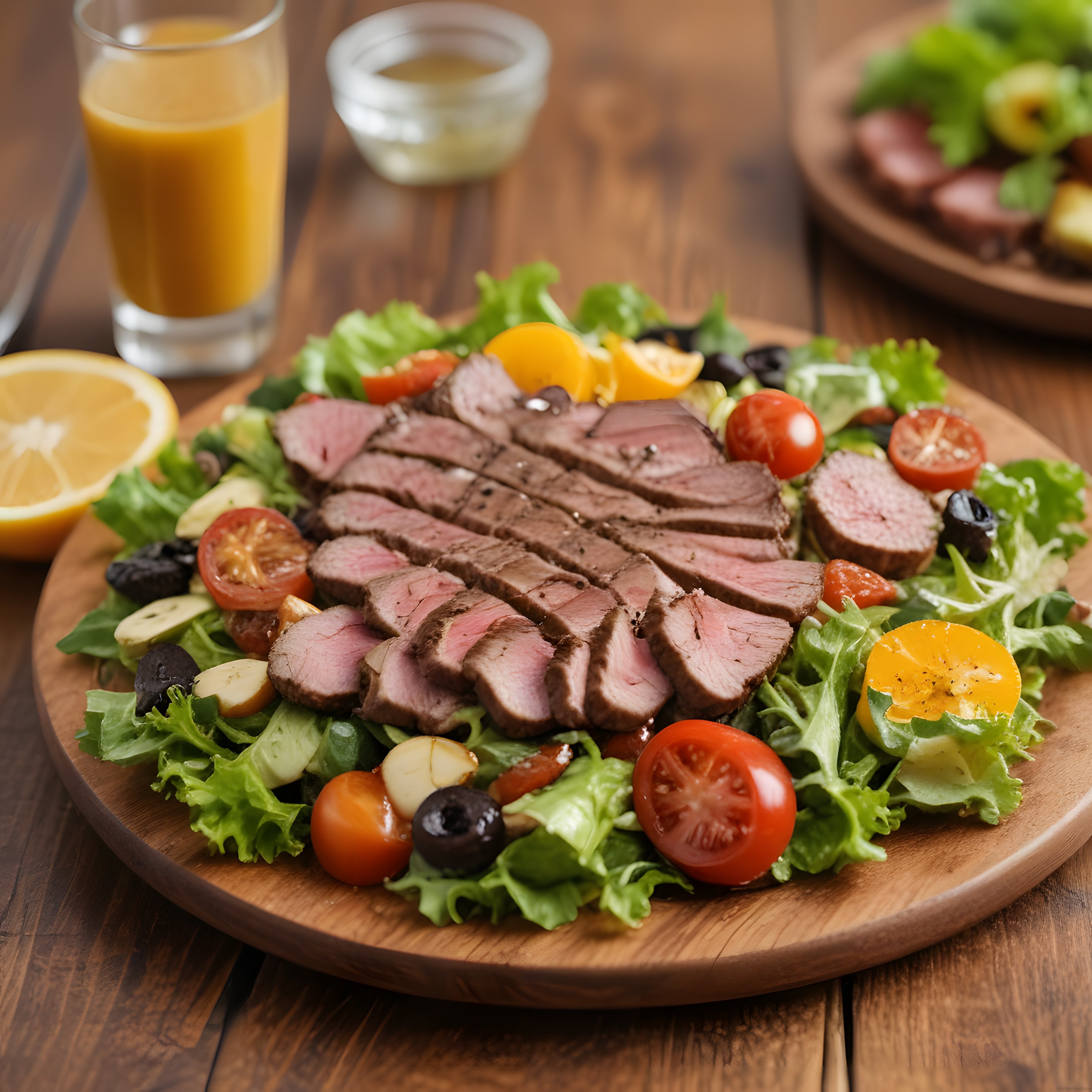 Izgara Biftek Dilimleriyle Hazırlanan Taze Salata ve Ahşap Sunum