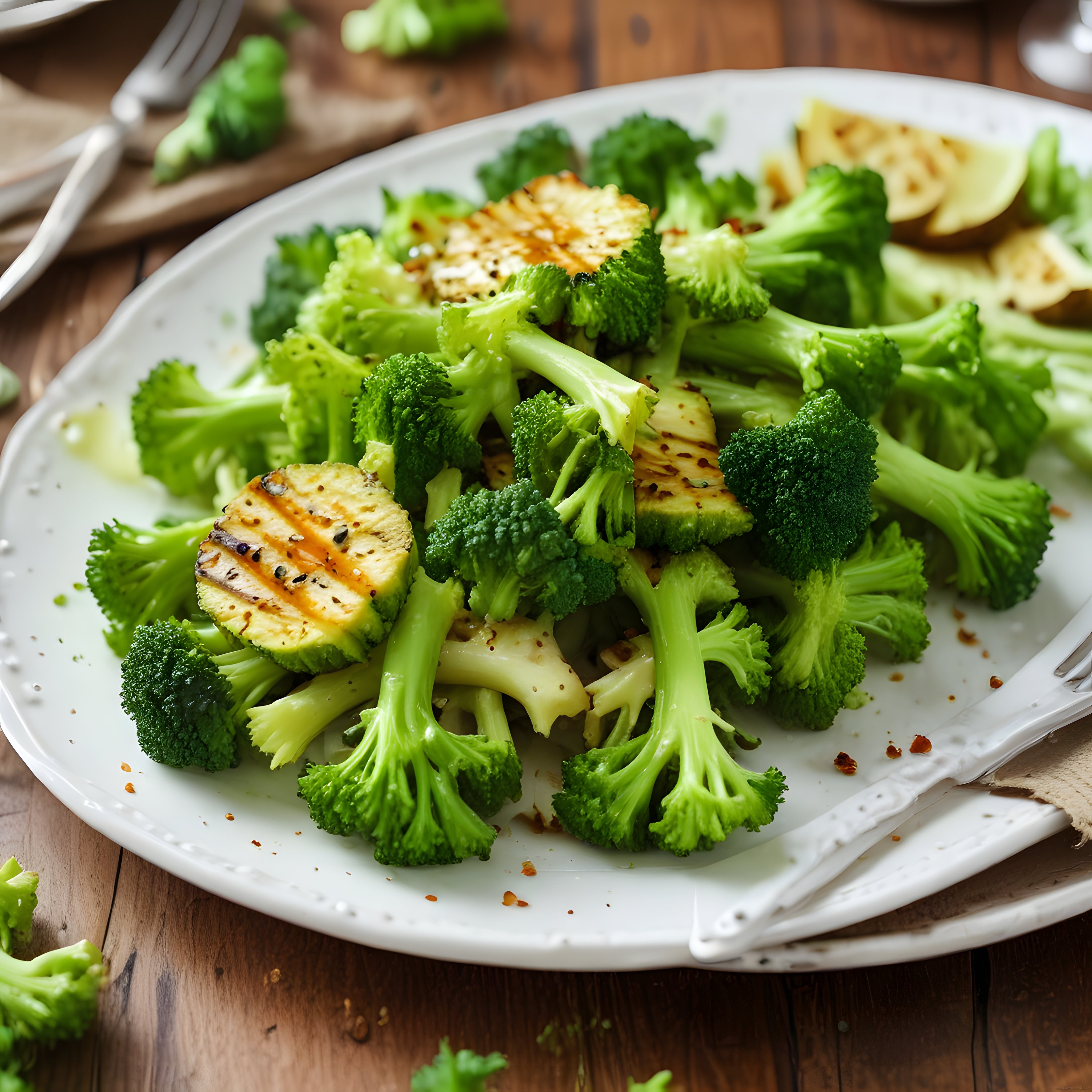 Izgara brokoli ve kabak dilimleriyle hazırlanan sağlıklı vegan sebze tabağı