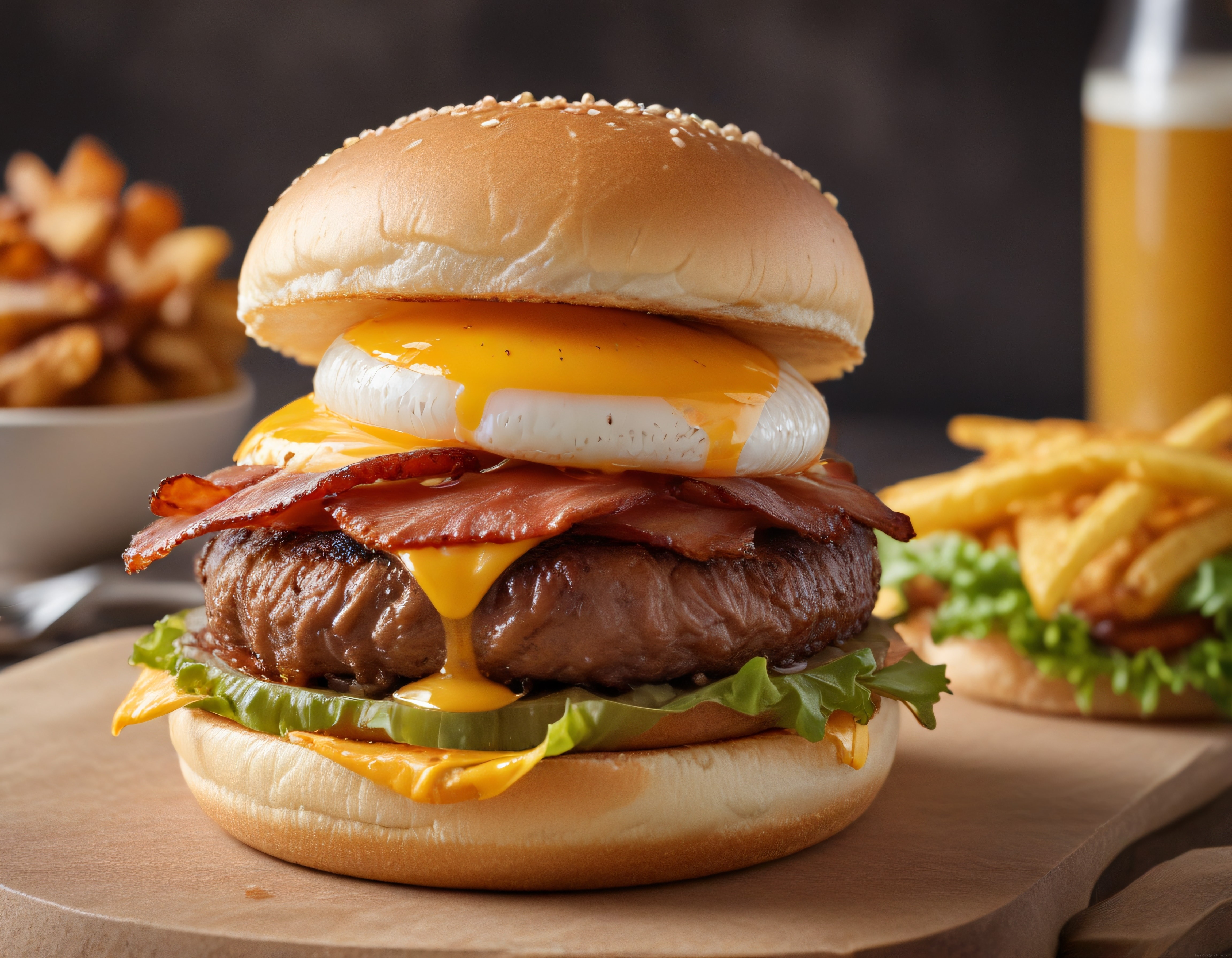 Izgara Dana Köfteli, Pastırmalı ve Erimiş Cheddarlı Yumurtalı Gurme Burger